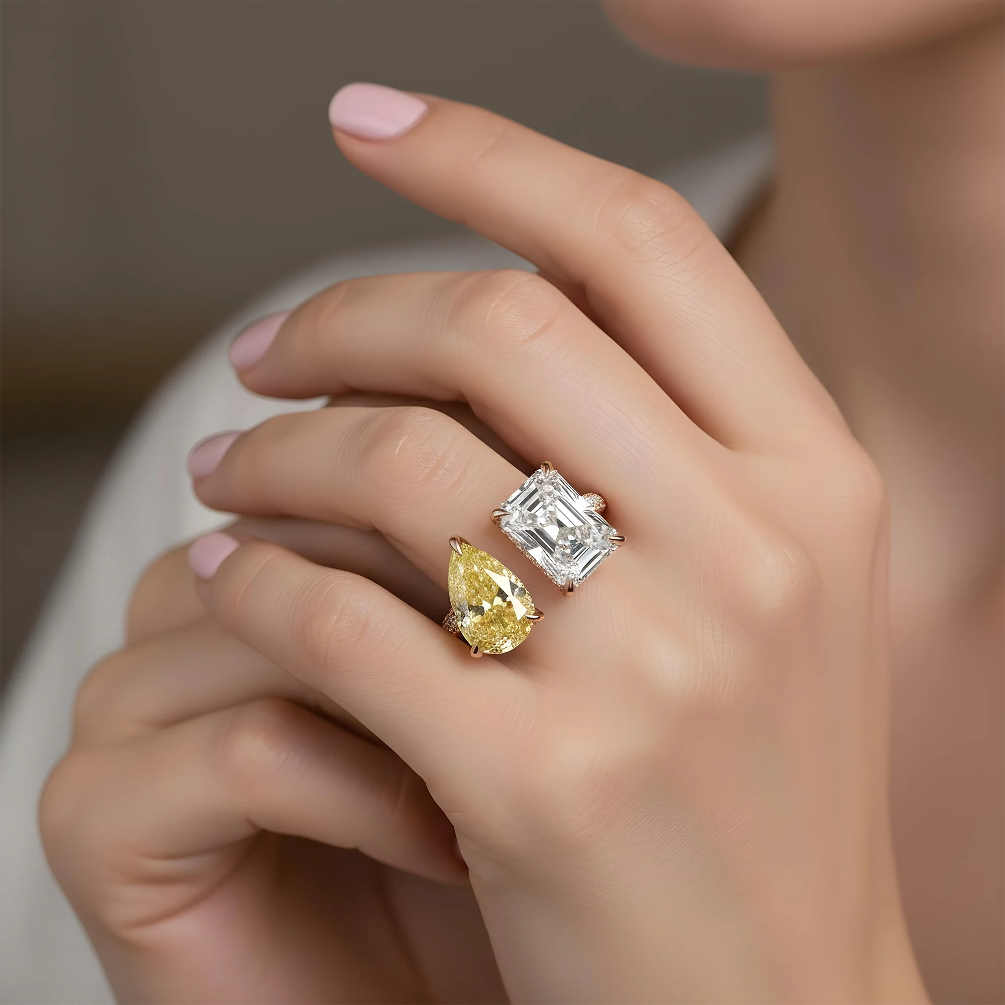 18K White Gold Radiant Cut & Fancy Yellow Pear Cut Diamond Toi et Moi Ring 8.25ctw - Image 8
