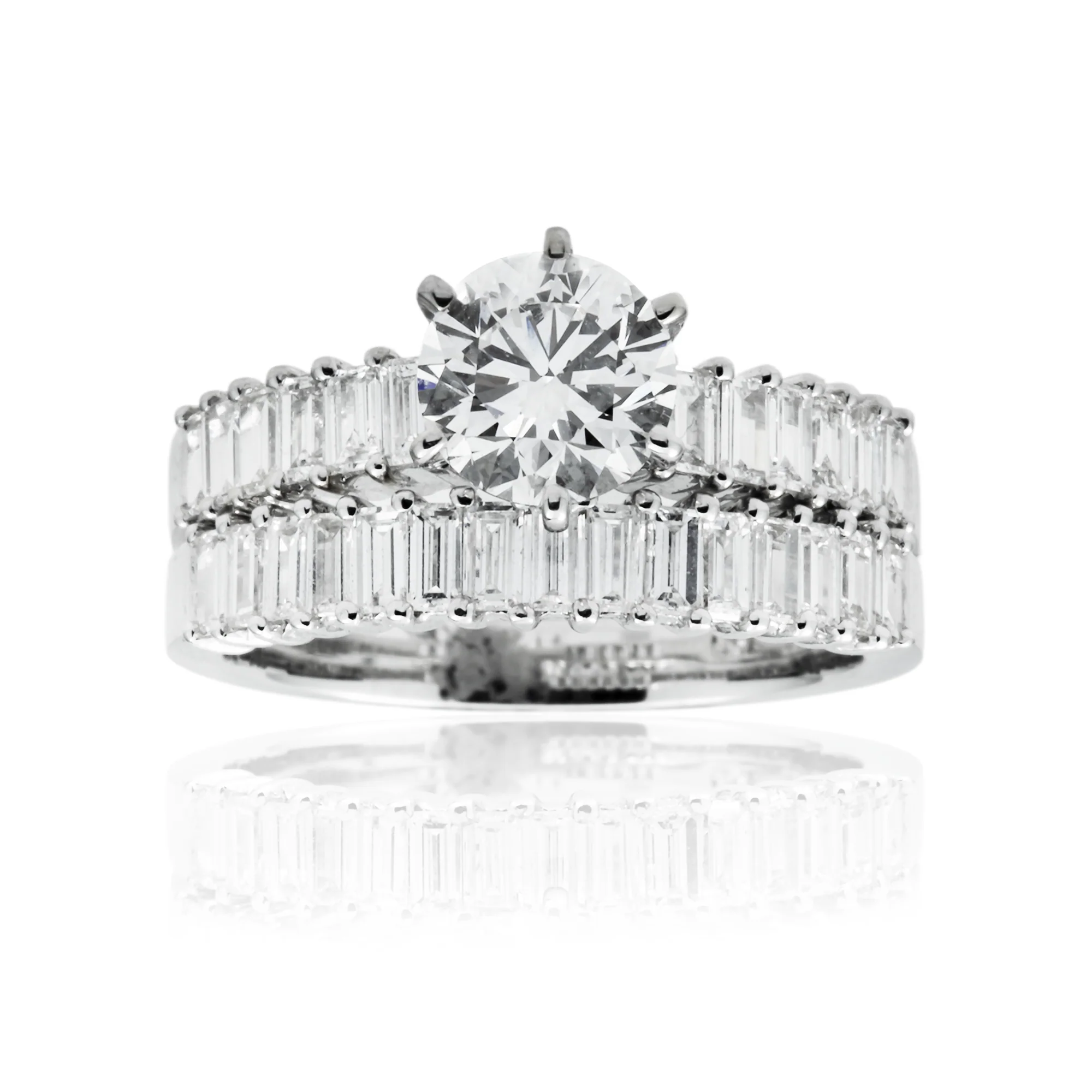 18K White Gold Round & Baguette Diamond Engagement Ring & Wedding Band Set 2.33ctw