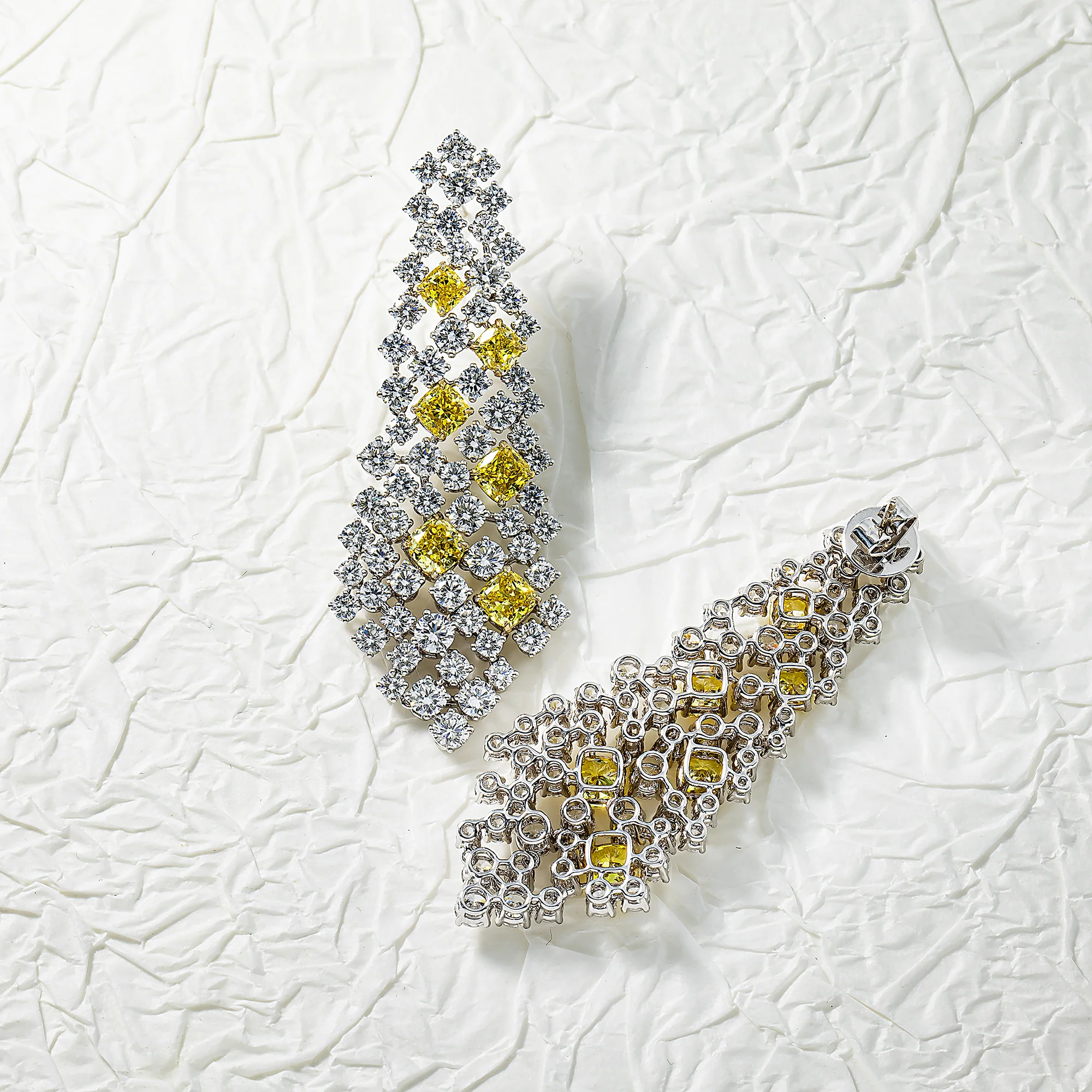 18K White Gold Round & Cushion Cut Fancy Yellow Diamond Chandelier Drop Earrings15.0ct - Image 3