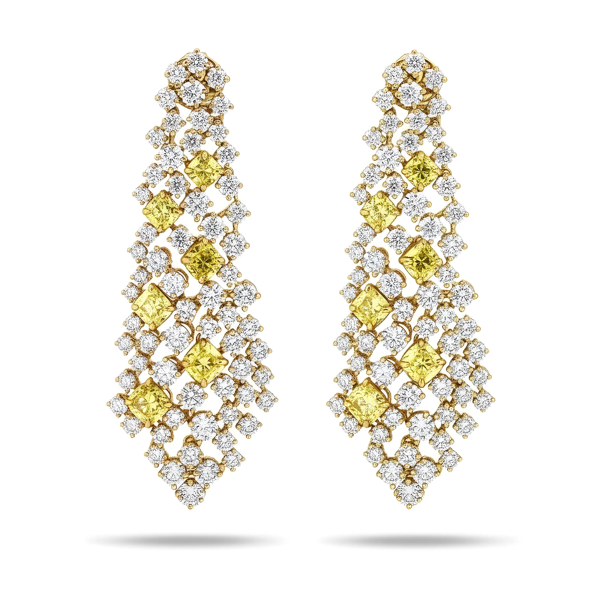 18K White Gold Round & Cushion Cut Fancy Yellow Diamond Chandelier Drop Earrings15.0ct - Image 4