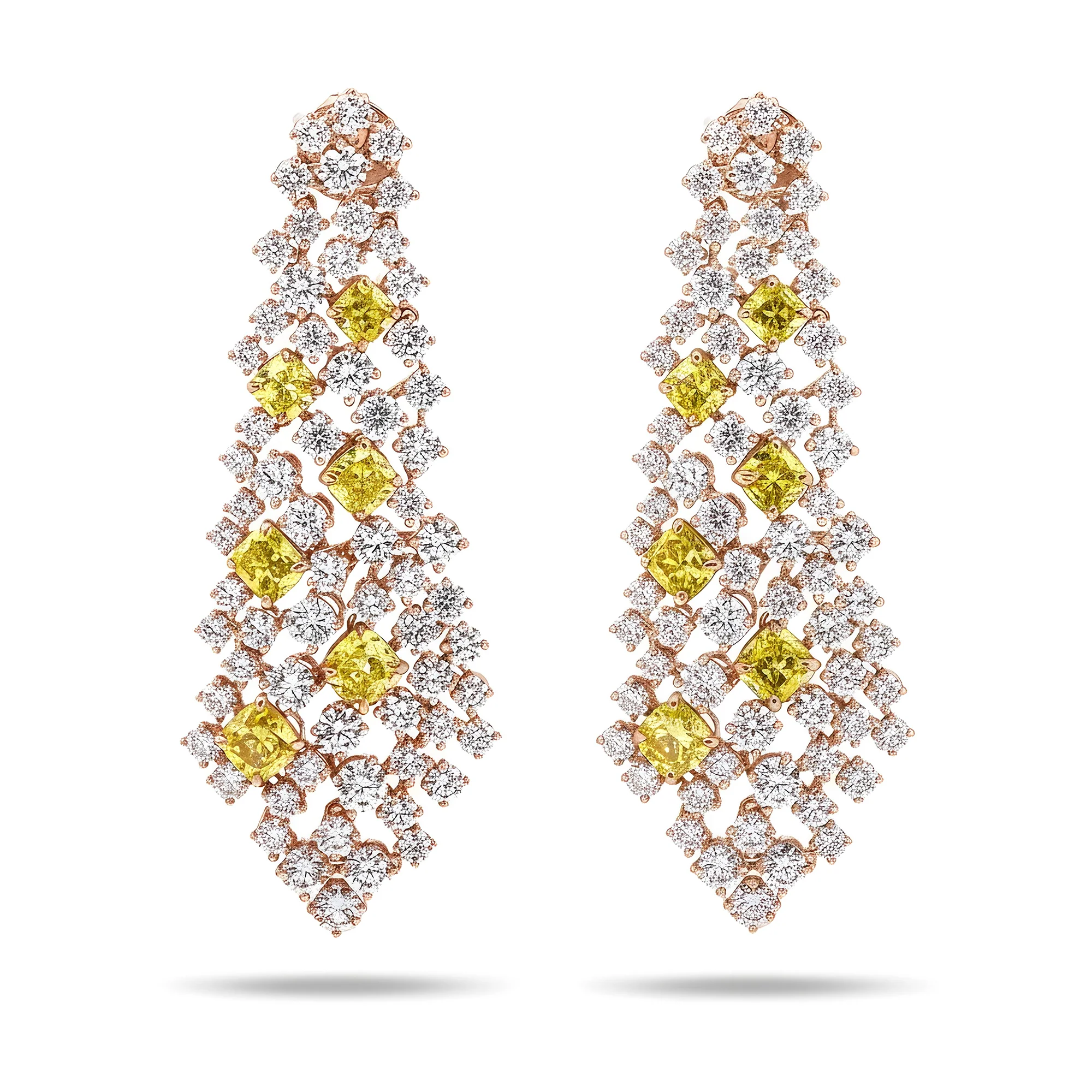 18K White Gold Round & Cushion Cut Fancy Yellow Diamond Chandelier Drop Earrings15.0ct - Image 6