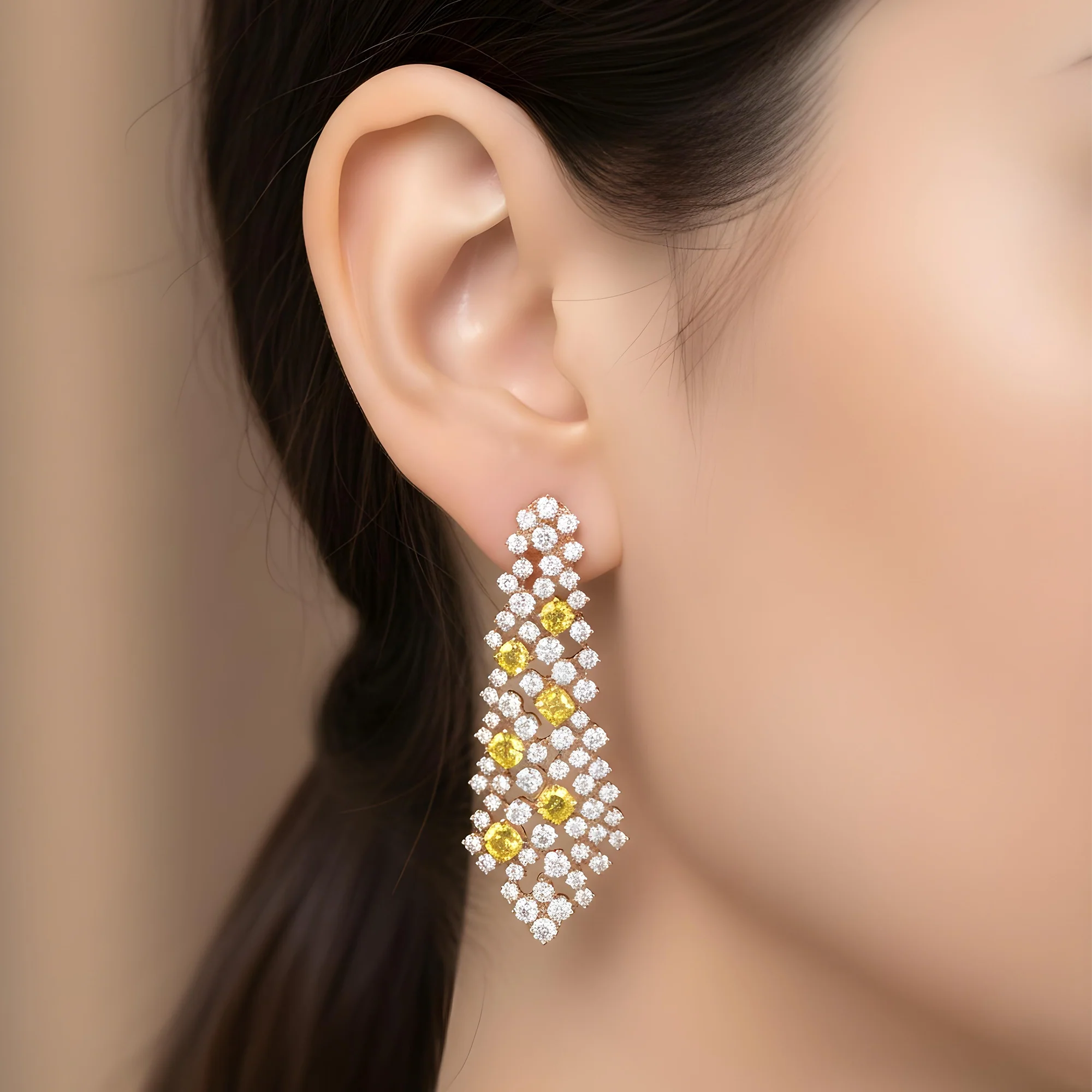 18K White Gold Round & Cushion Cut Fancy Yellow Diamond Chandelier Drop Earrings15.0ct - Image 7