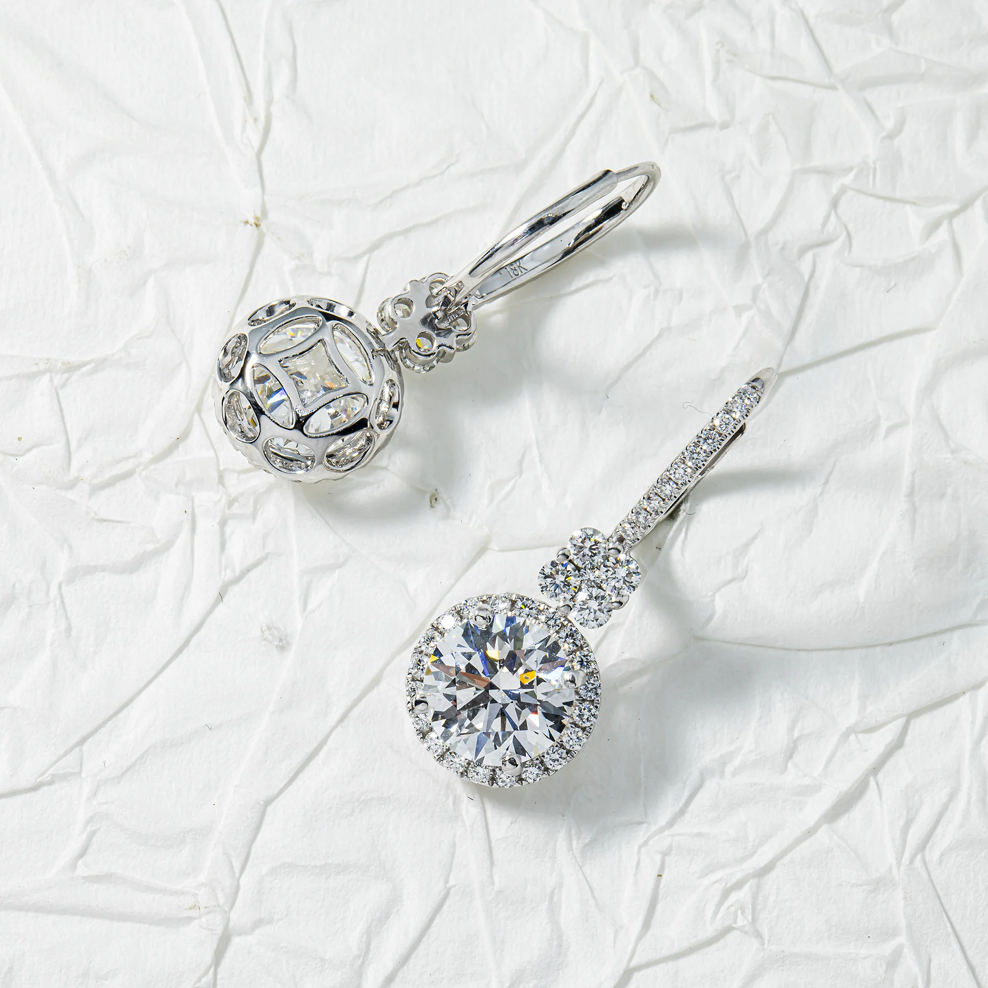 IGI 18K White Gold Round Diamond Drop Earrings w/ Halo 4.92ctw - Image 3