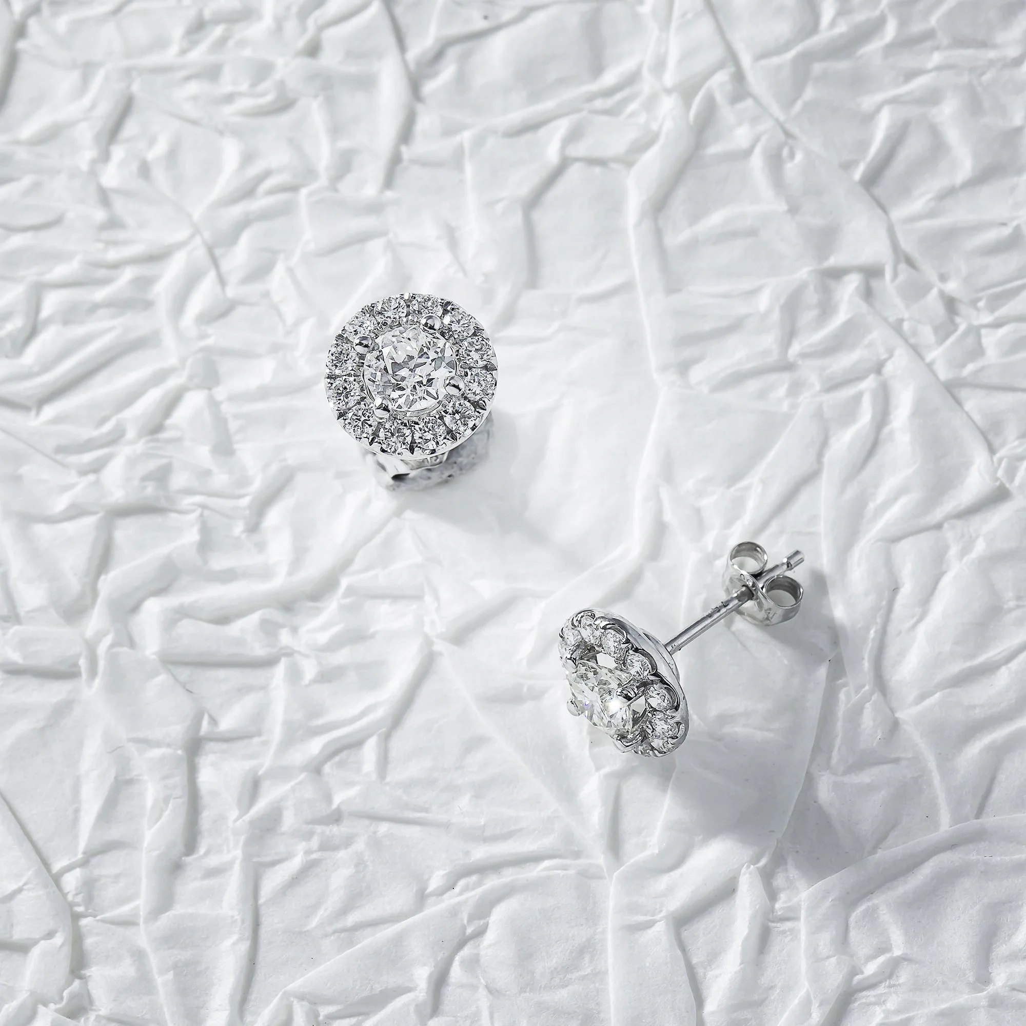 18K White Gold Round Diamond Halo Stud Earrings 1.35ctw - Image 3
