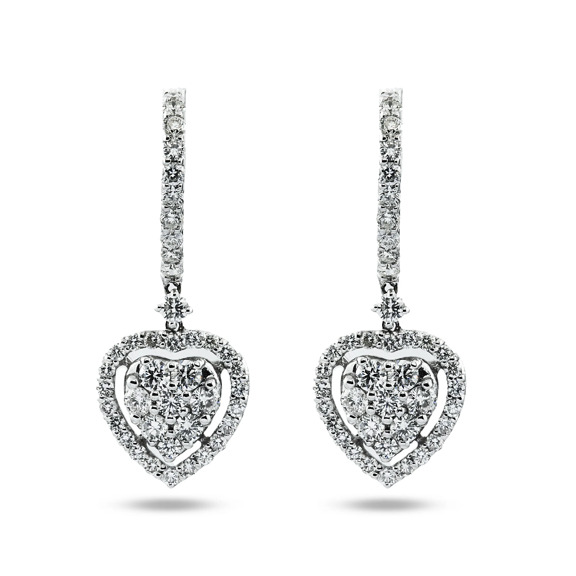 18K White Gold Round Diamond Heart Drop Earrings 1.82ctw