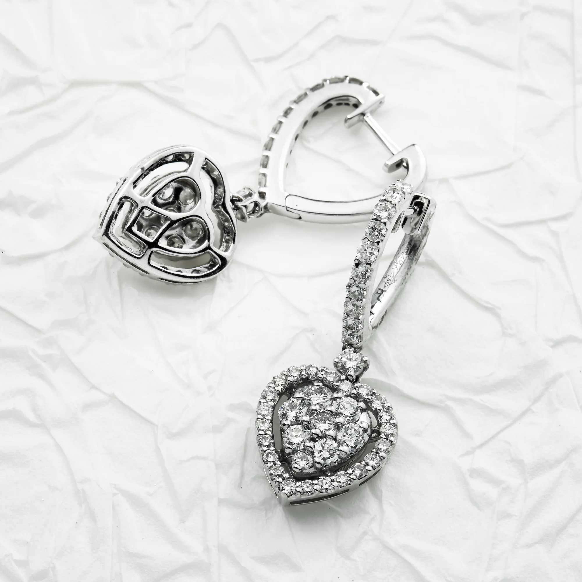 18K White Gold Round Diamond Heart Drop Earrings 1.82ctw - Image 3