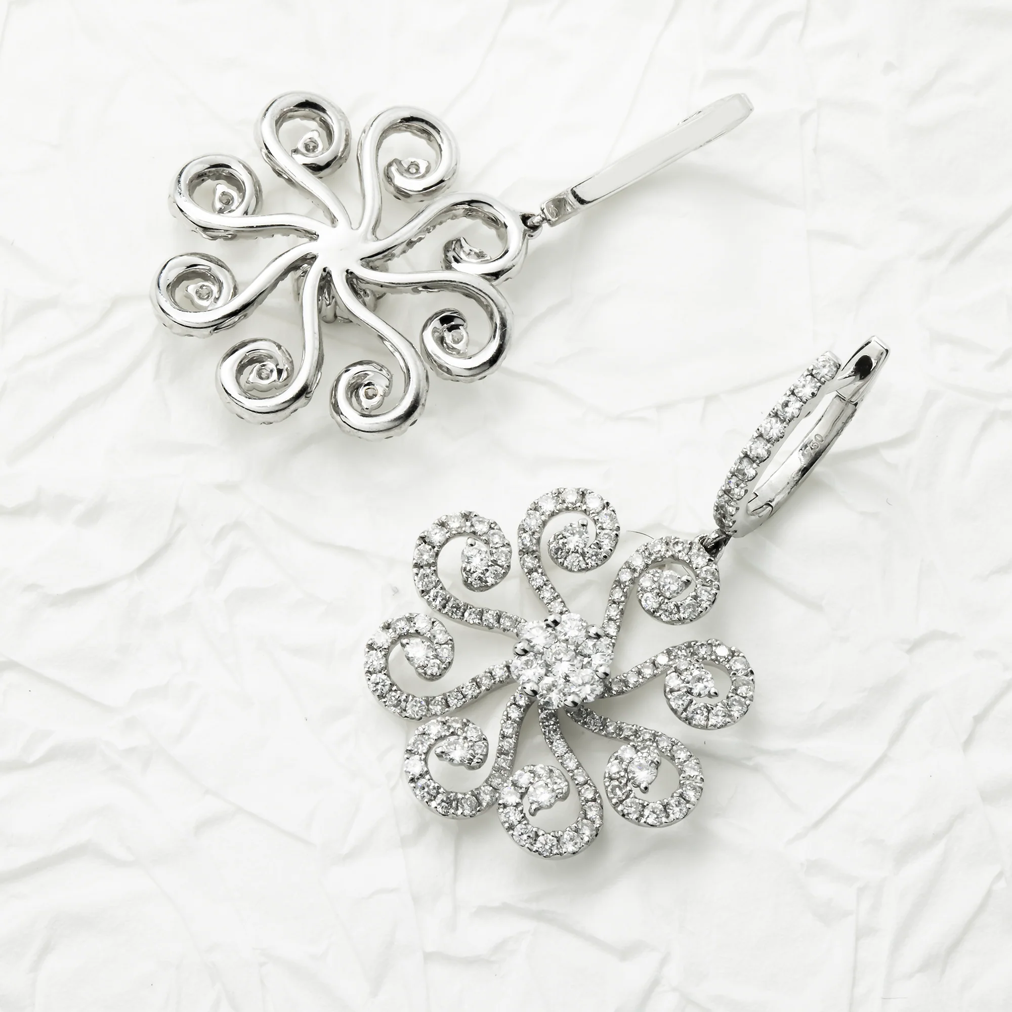 18K White Gold Round Diamond Pinwheel Drop Earrings 6.93ctw - Image 3