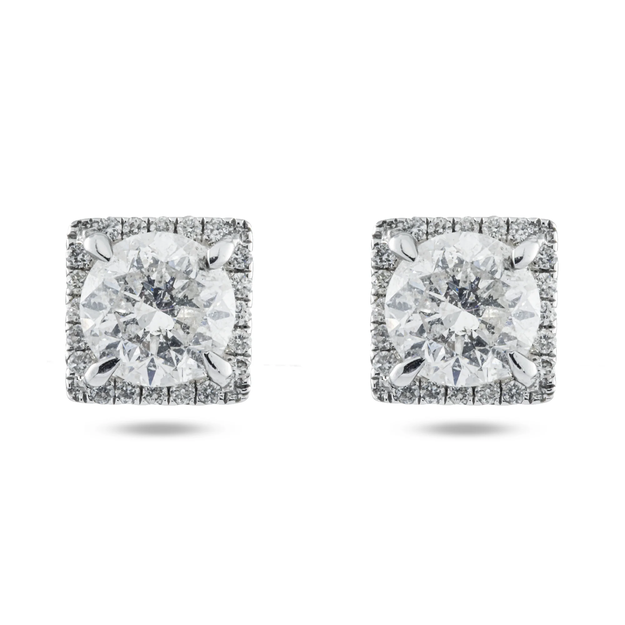 18K White Gold Square Shaped Round Diamond Stud Earrings 2.28ctw