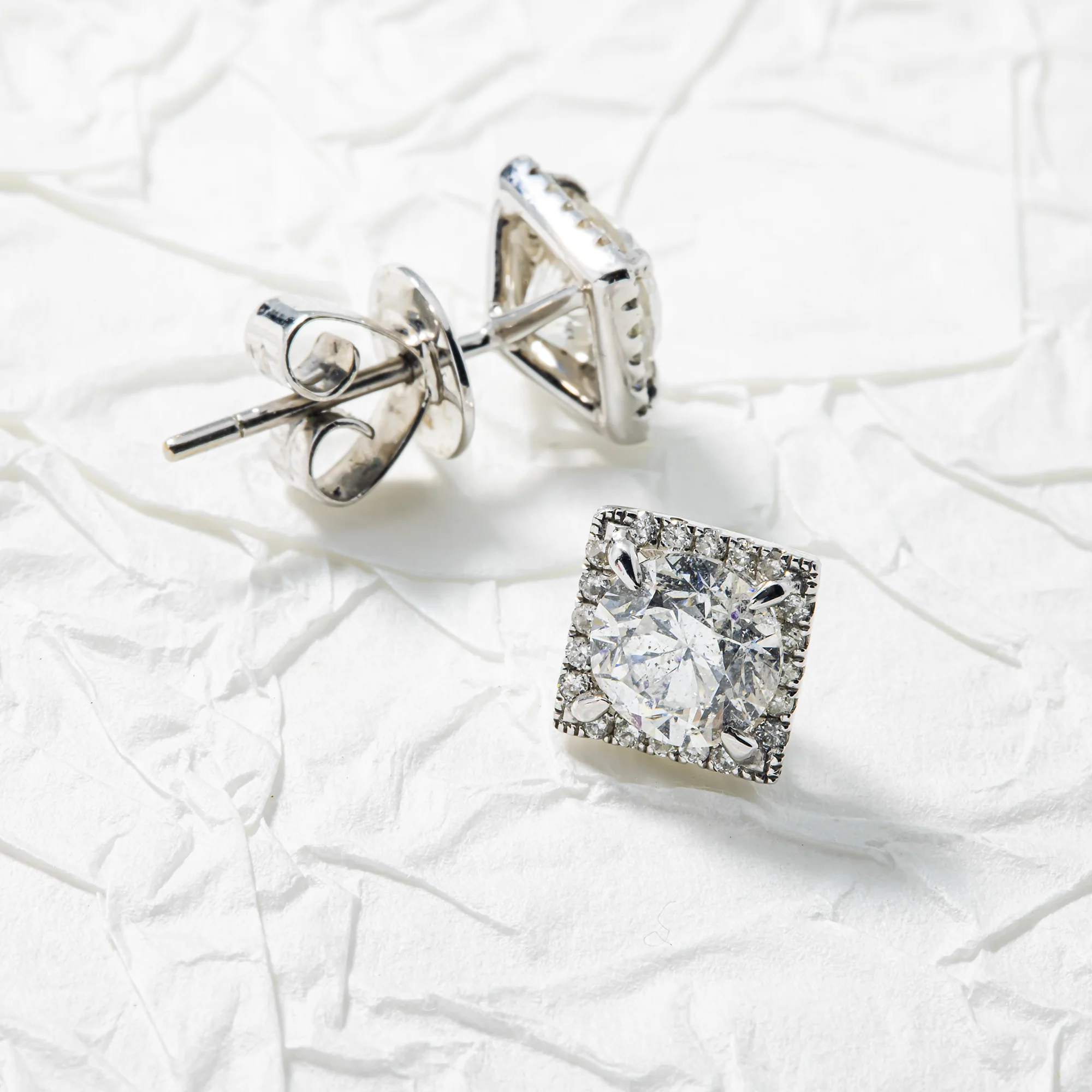18K White Gold Square Shaped Round Diamond Stud Earrings 2.28ctw - Image 3