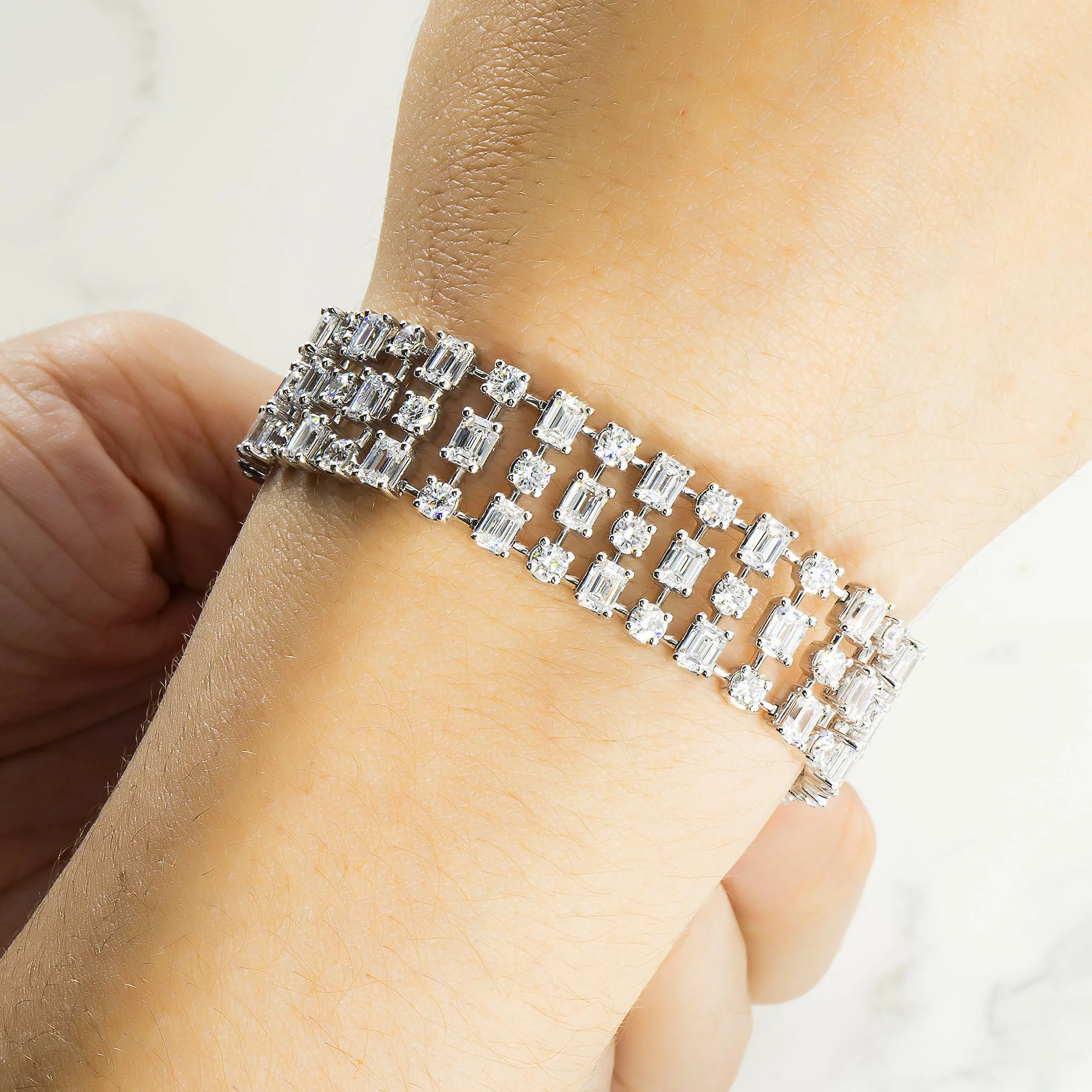 18K White Gold Round & Emerald Cut Triple Row Diamond Bracelet 19.95ctw - Image 2