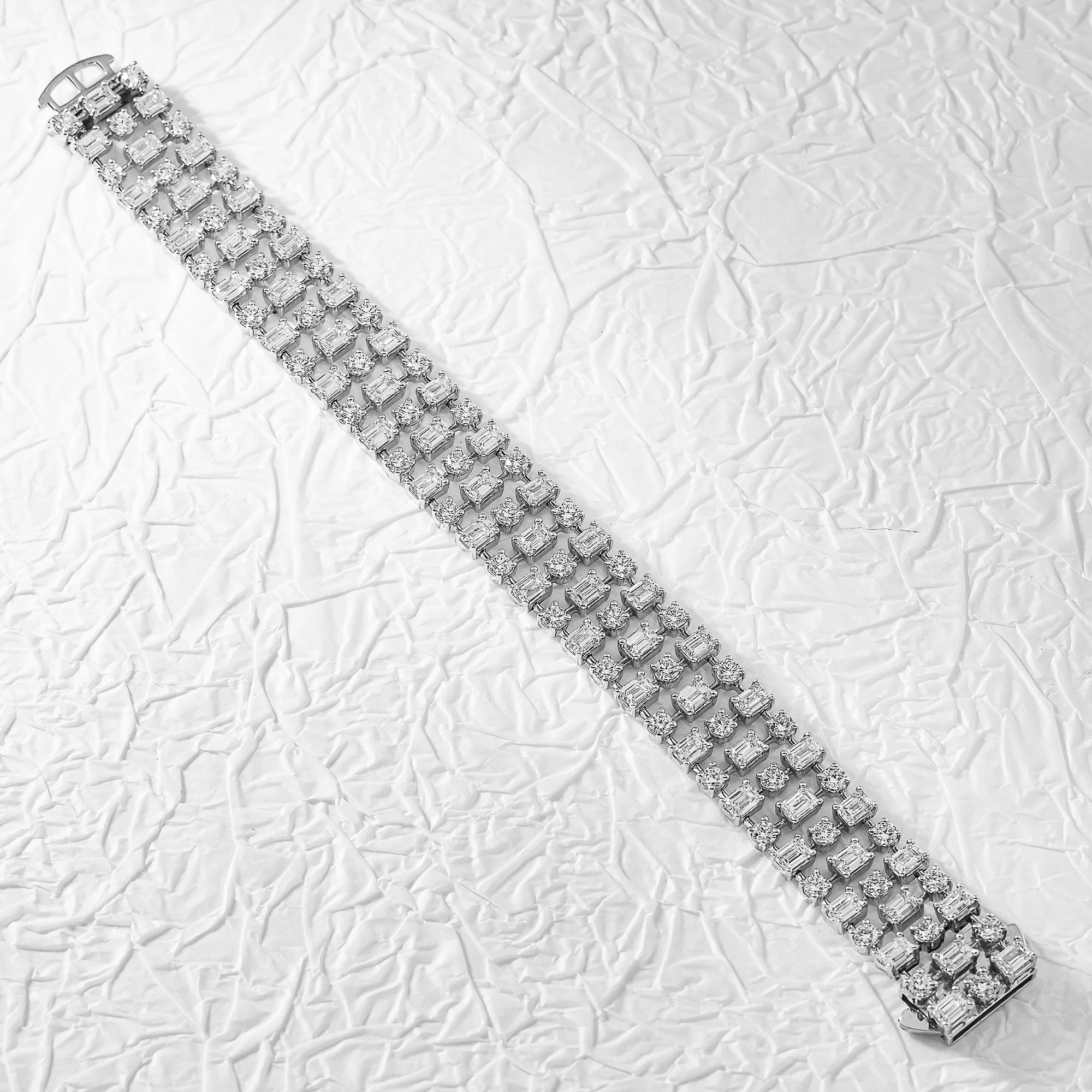 18K White Gold Round & Emerald Cut Triple Row Diamond Bracelet 19.95ctw - Image 3