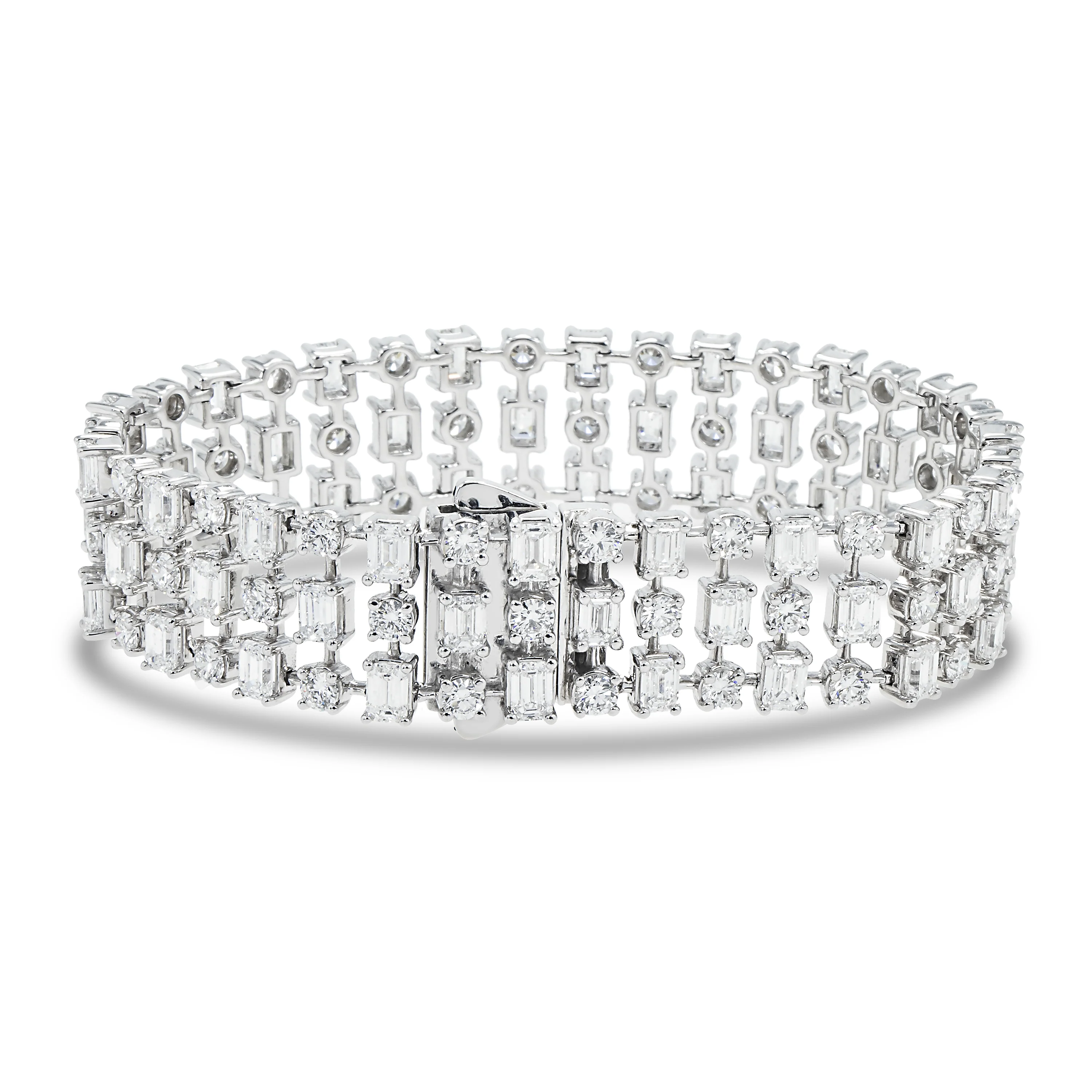 18K White Gold Round & Emerald Cut Triple Row Diamond Bracelet 19.95ctw - Image 4
