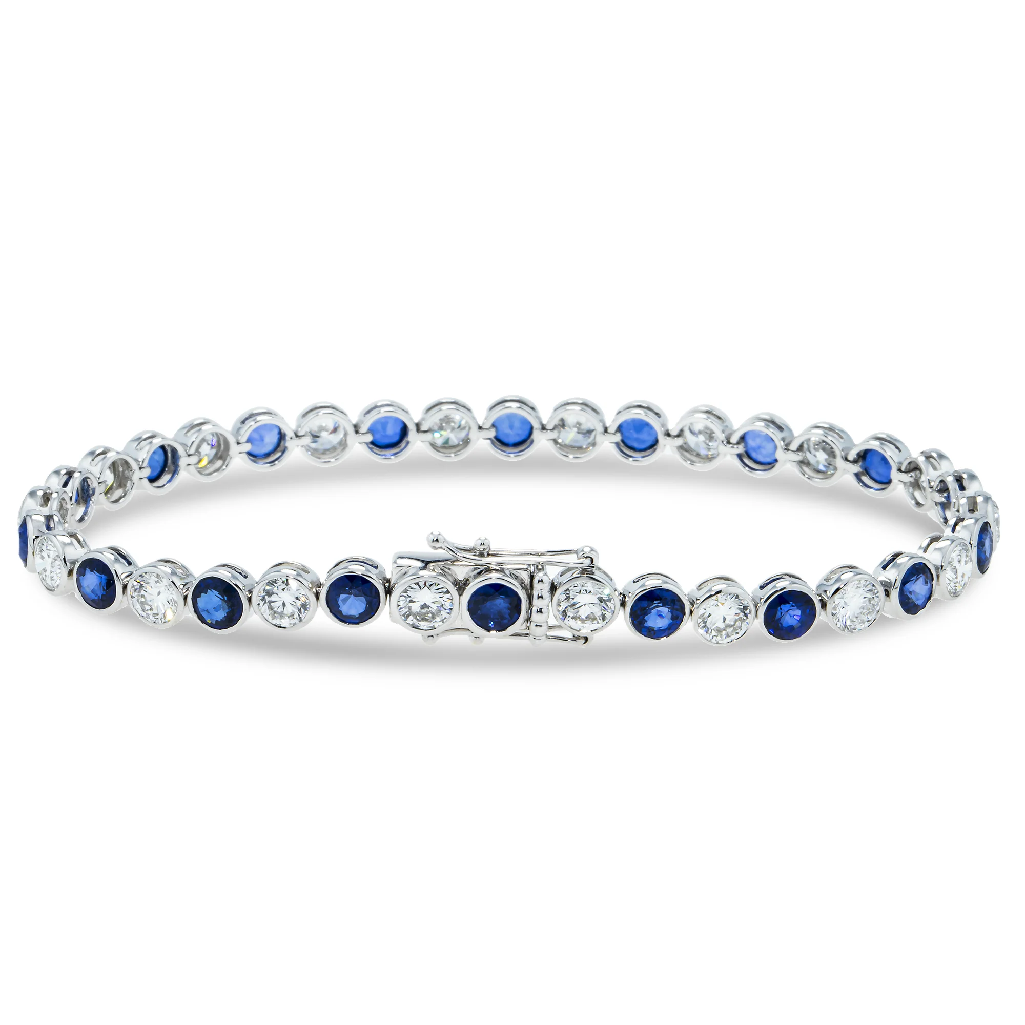 18K White Gold Round Sapphire & Diamond Bezel Set Bracelet - Image 4