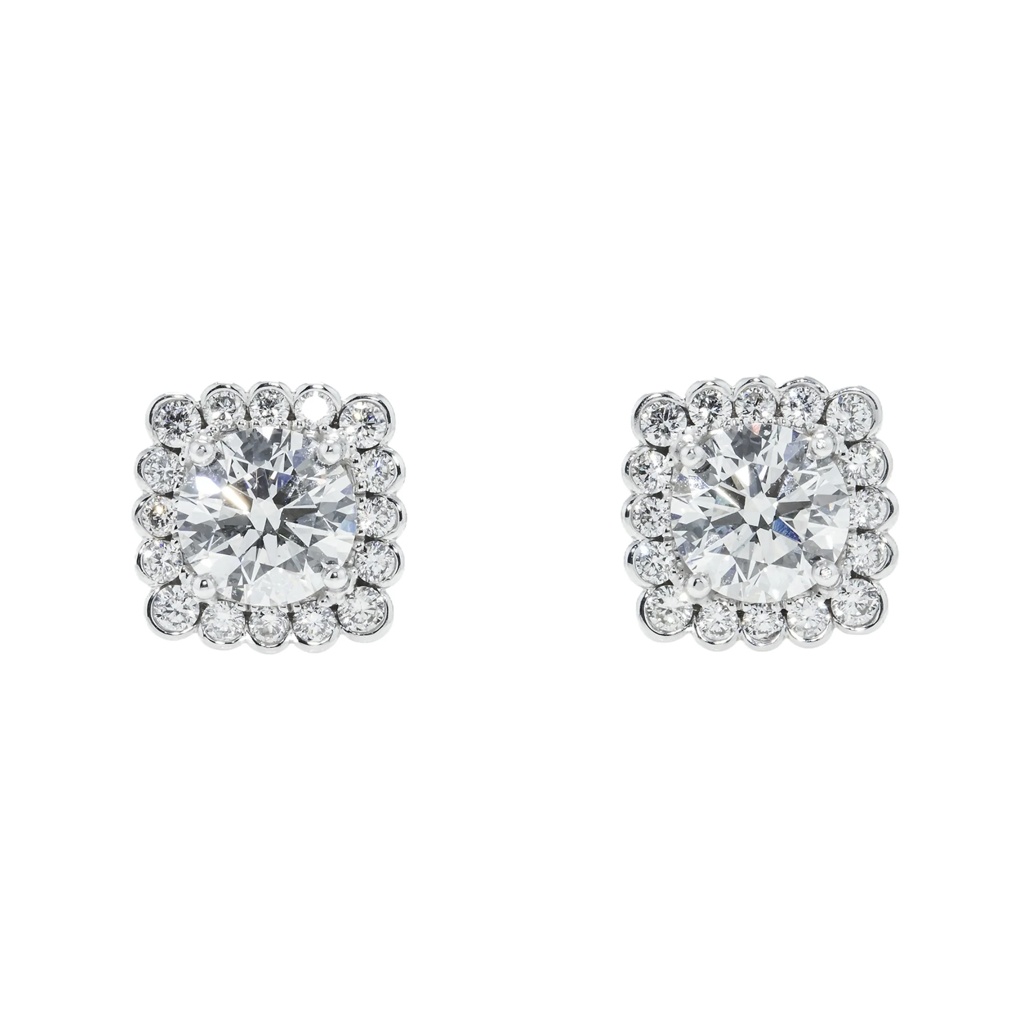 18K White Gold Solitaire Round Diamond Stud Earrings w/ Halo 3.81ctw