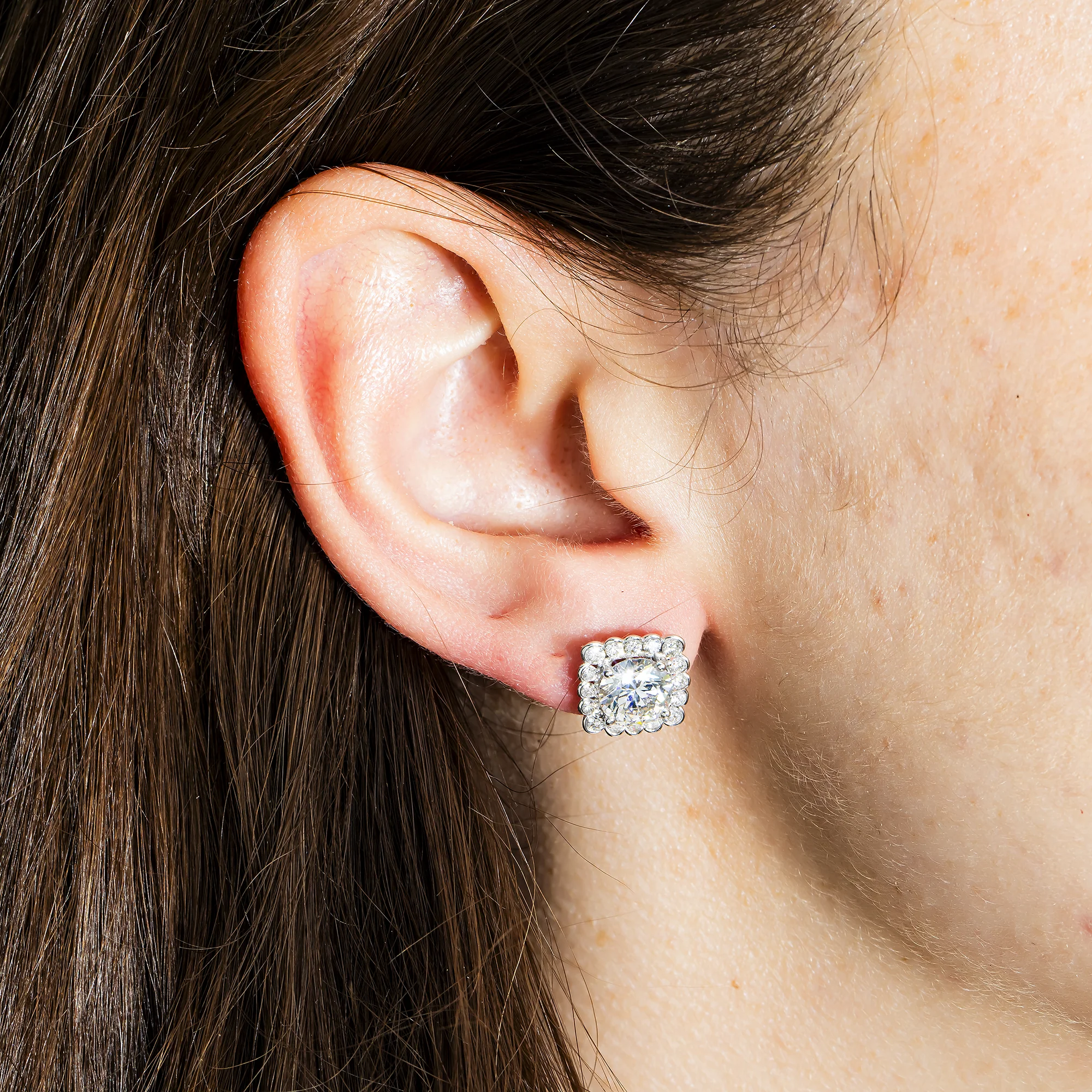 18K White Gold Solitaire Round Diamond Stud Earrings w/ Halo 3.81ctw - Image 2