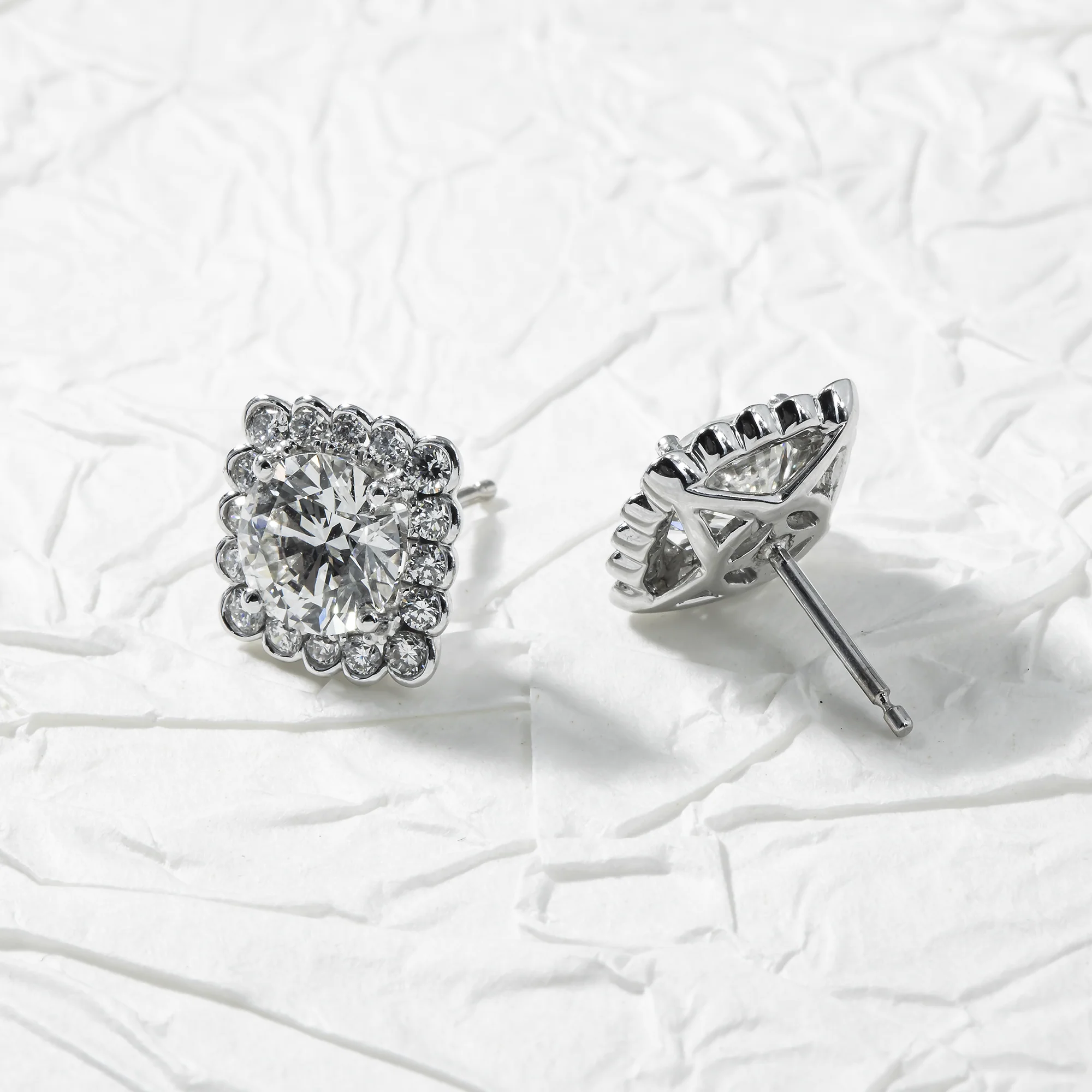 18K White Gold Solitaire Round Diamond Stud Earrings w/ Halo 3.81ctw - Image 3