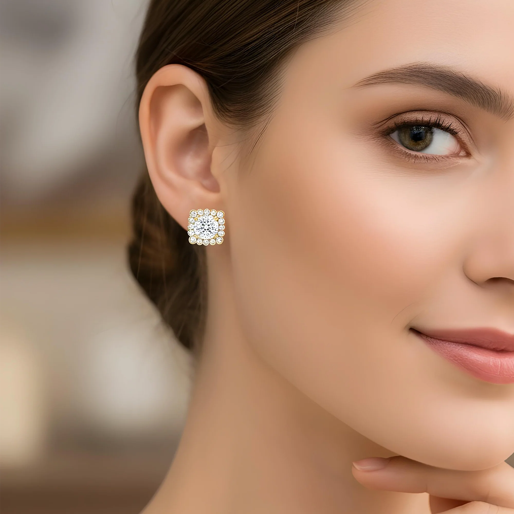 18K White Gold Solitaire Round Diamond Stud Earrings w/ Halo 3.81ctw - Image 5