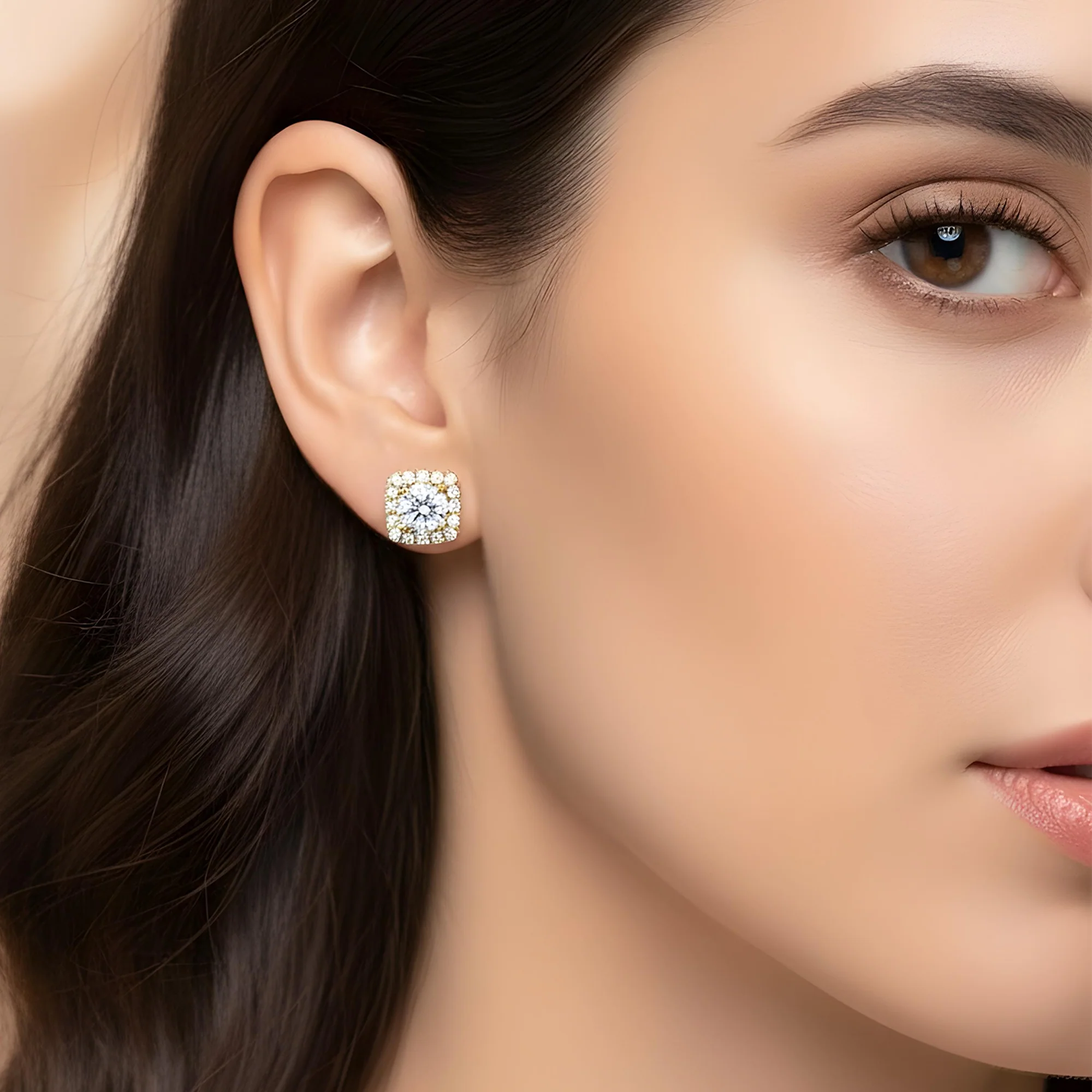 18K White Gold Square Shape Round Cut Diamond Cluster Stud Earrings 1.32ctw - Image 5