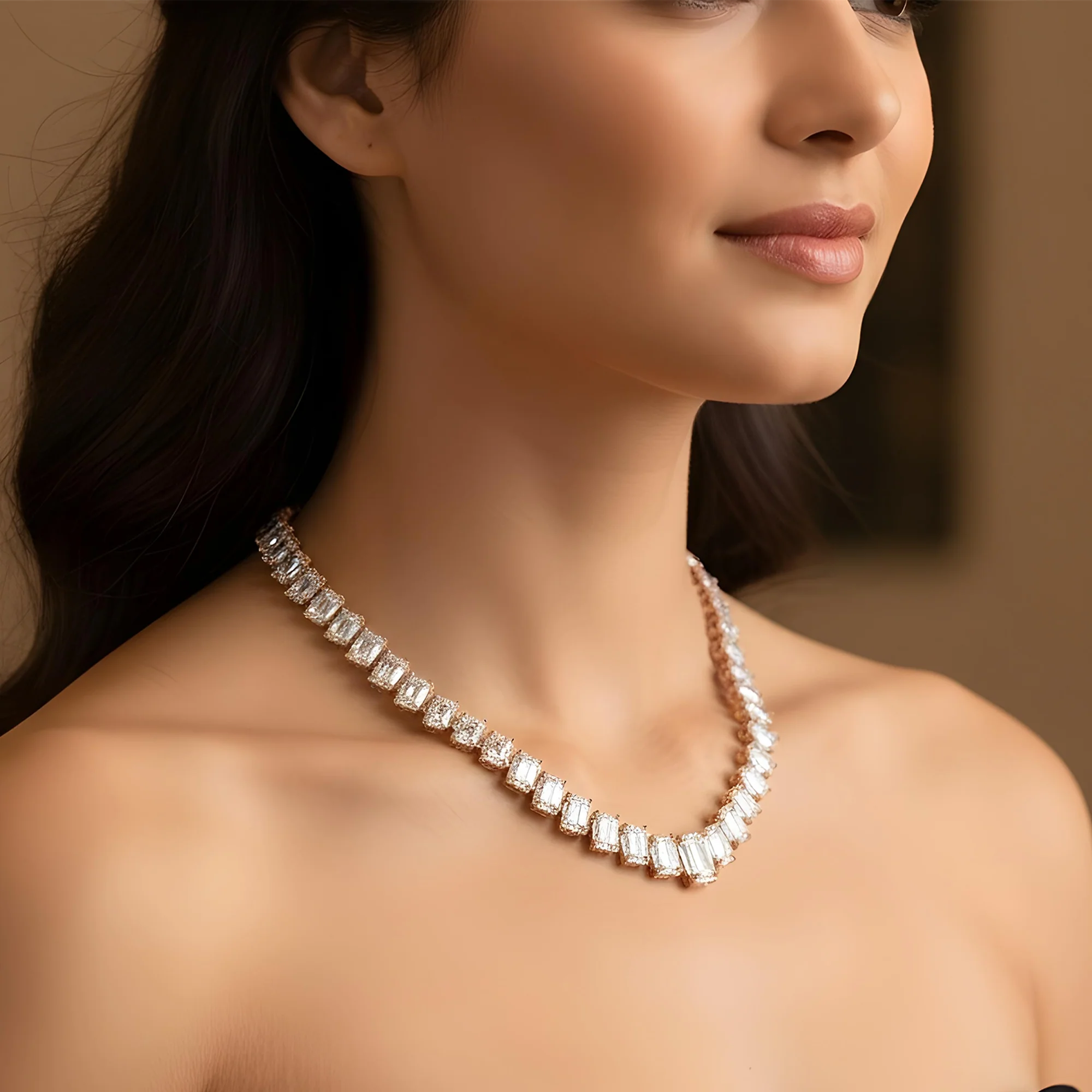 18K White Gold Graduated Emerald Cut Diamond Necklace 55.56ct - Image 7