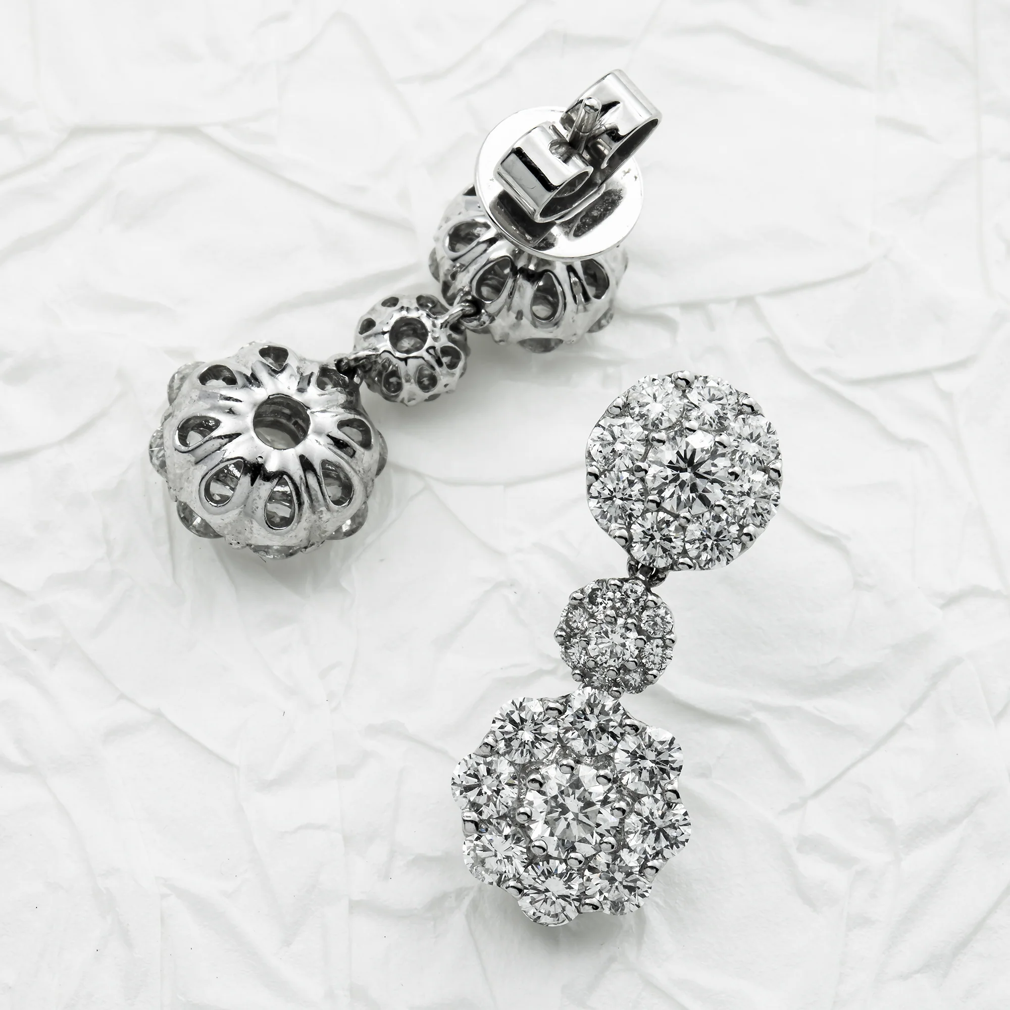 18K White Gold Three Tier Round Diamond Flower Drop Earrings 4.12ctw - Image 3