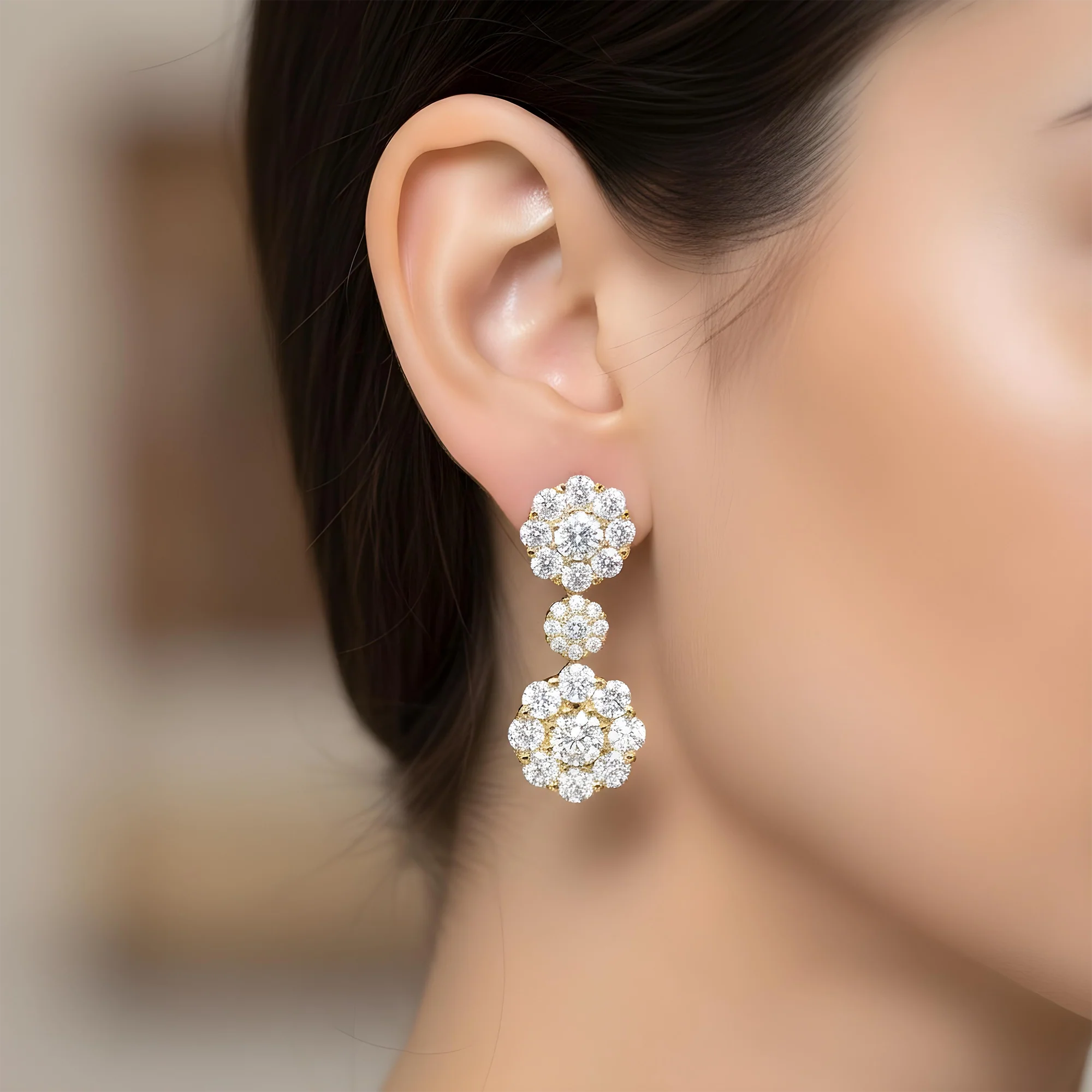 18K White Gold Three Tier Round Diamond Flower Drop Earrings 4.12ctw - Image 5