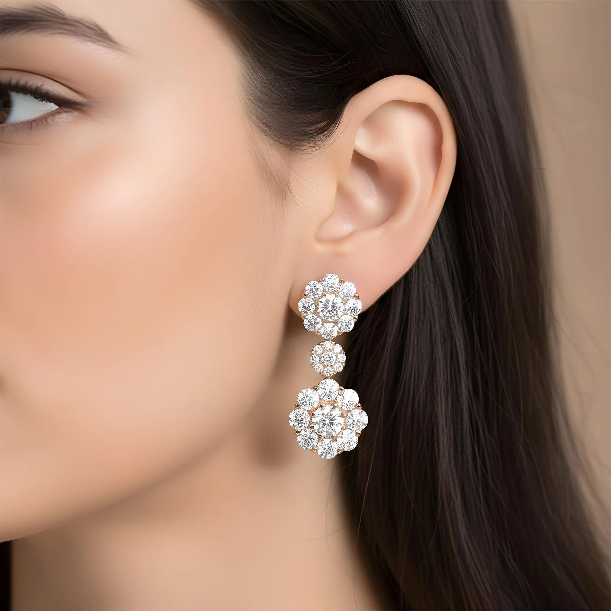 18K White Gold Three Tier Round Diamond Flower Drop Earrings 4.12ctw - Image 7