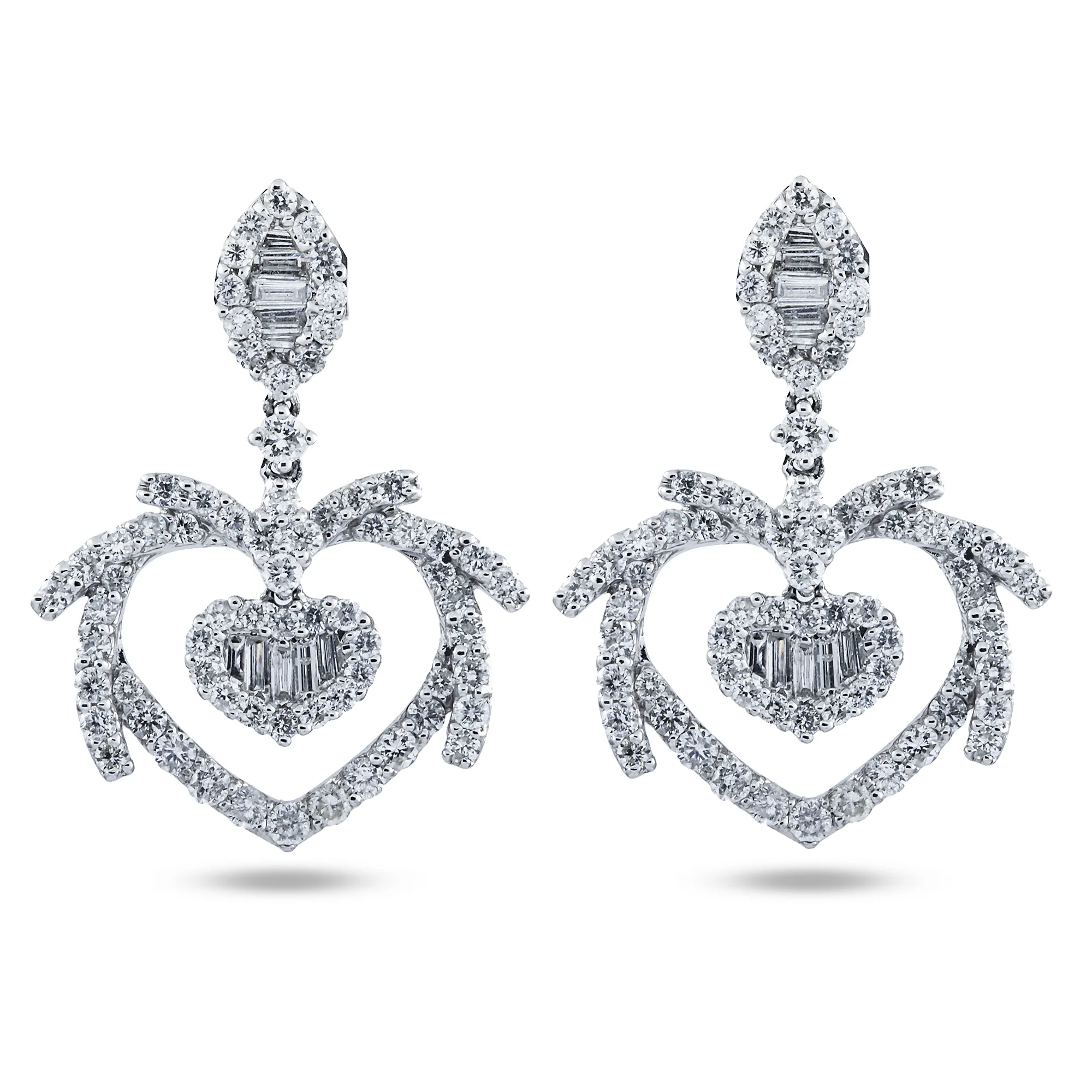 18K White Gold "Tough Love" Diamond Heart Drop Earrings 2.37ctw