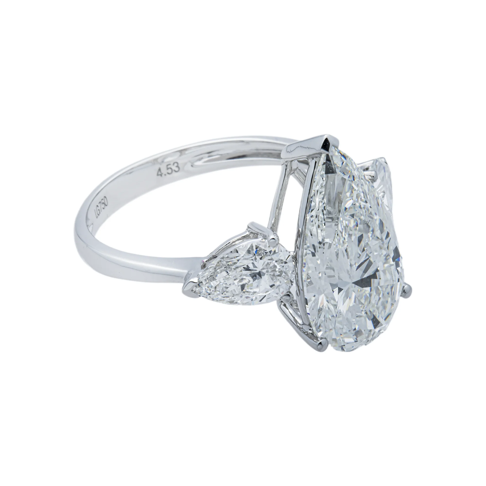 18K White Gold Triple Pear Diamond Ring 5.73ctw - Image 2