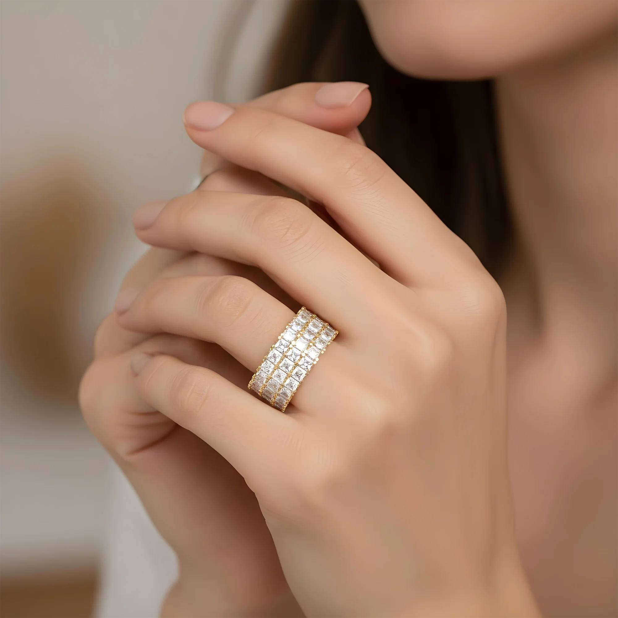 18K White Gold Triple Row Asscher Cut Diamond Eternity Ring 12.18ct (Size: 8.5) - Image 5