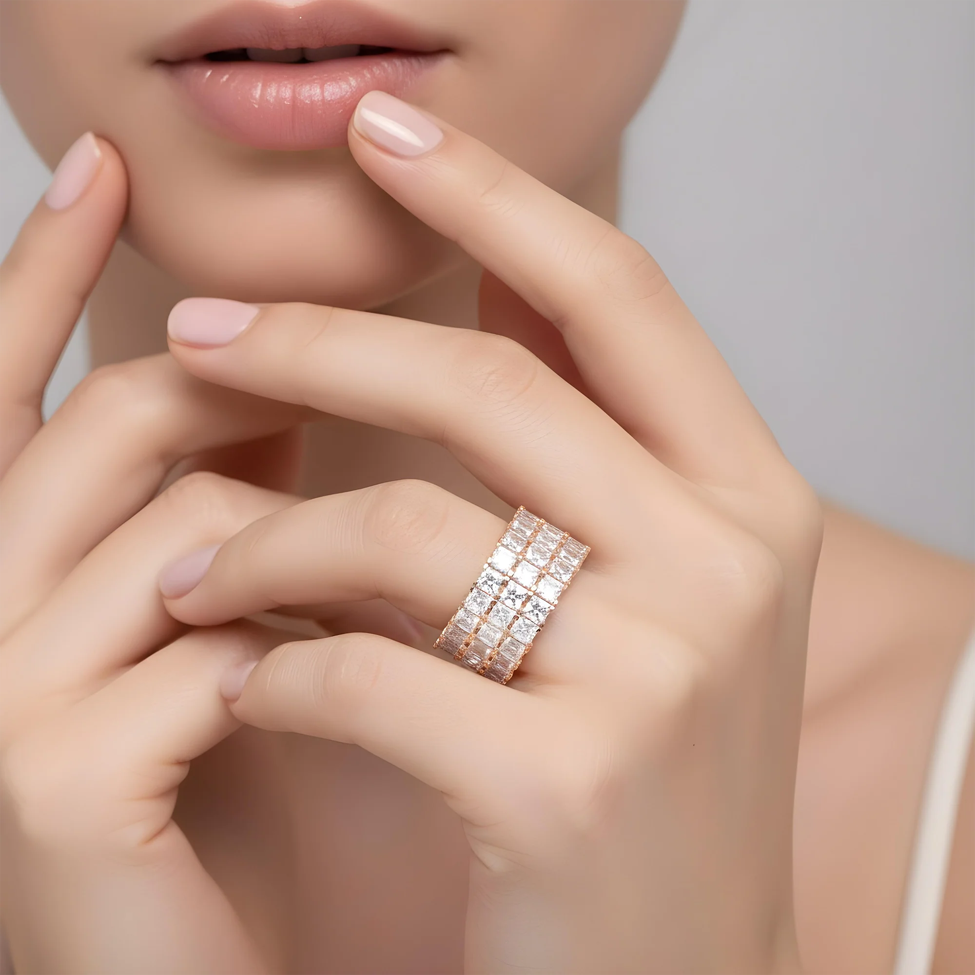 18K White Gold Triple Row Asscher Cut Diamond Eternity Ring 12.18ct (Size: 8.5) - Image 7