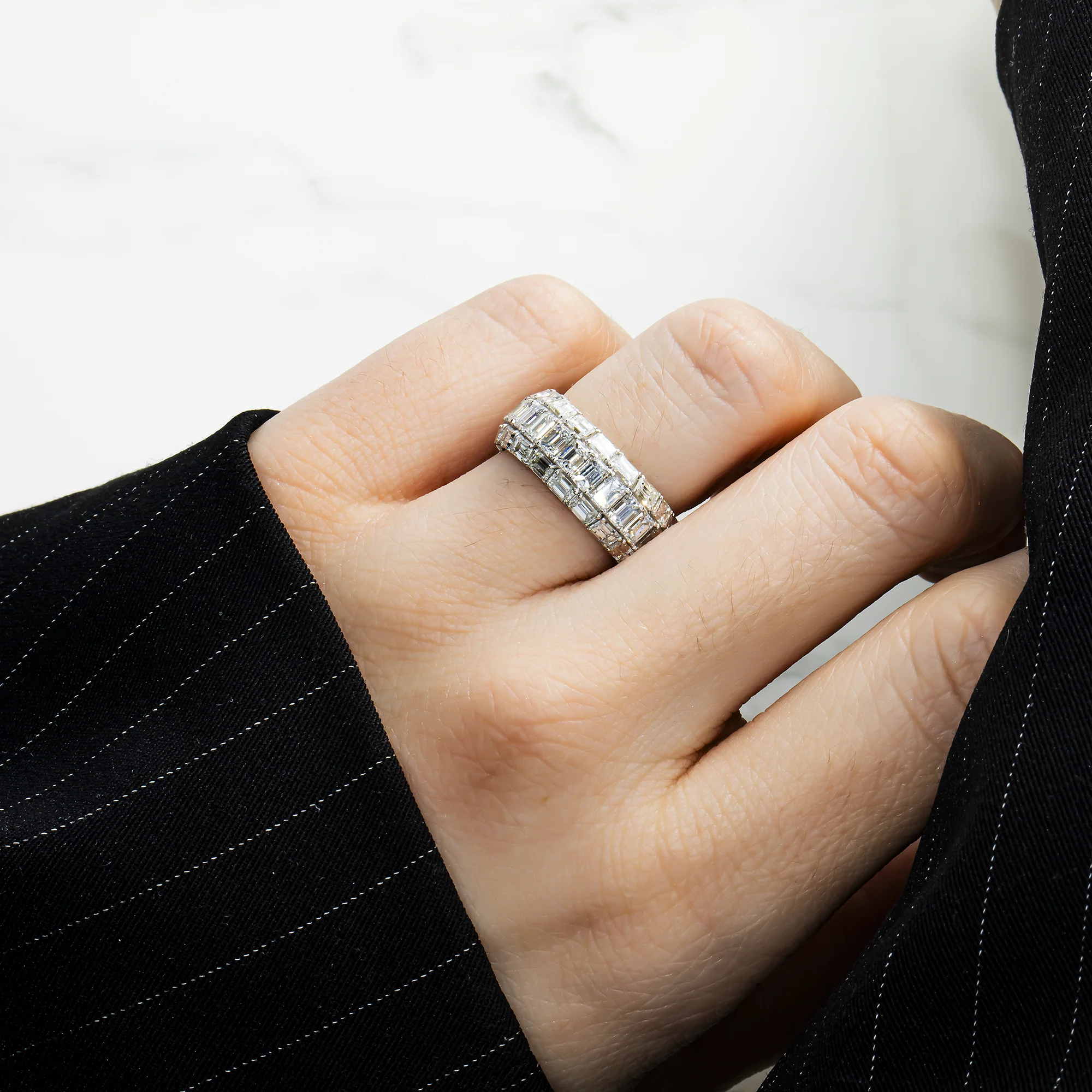 18K White Gold Triple Row Emerald Cut Diamond Ring 6.86ct - Image 2