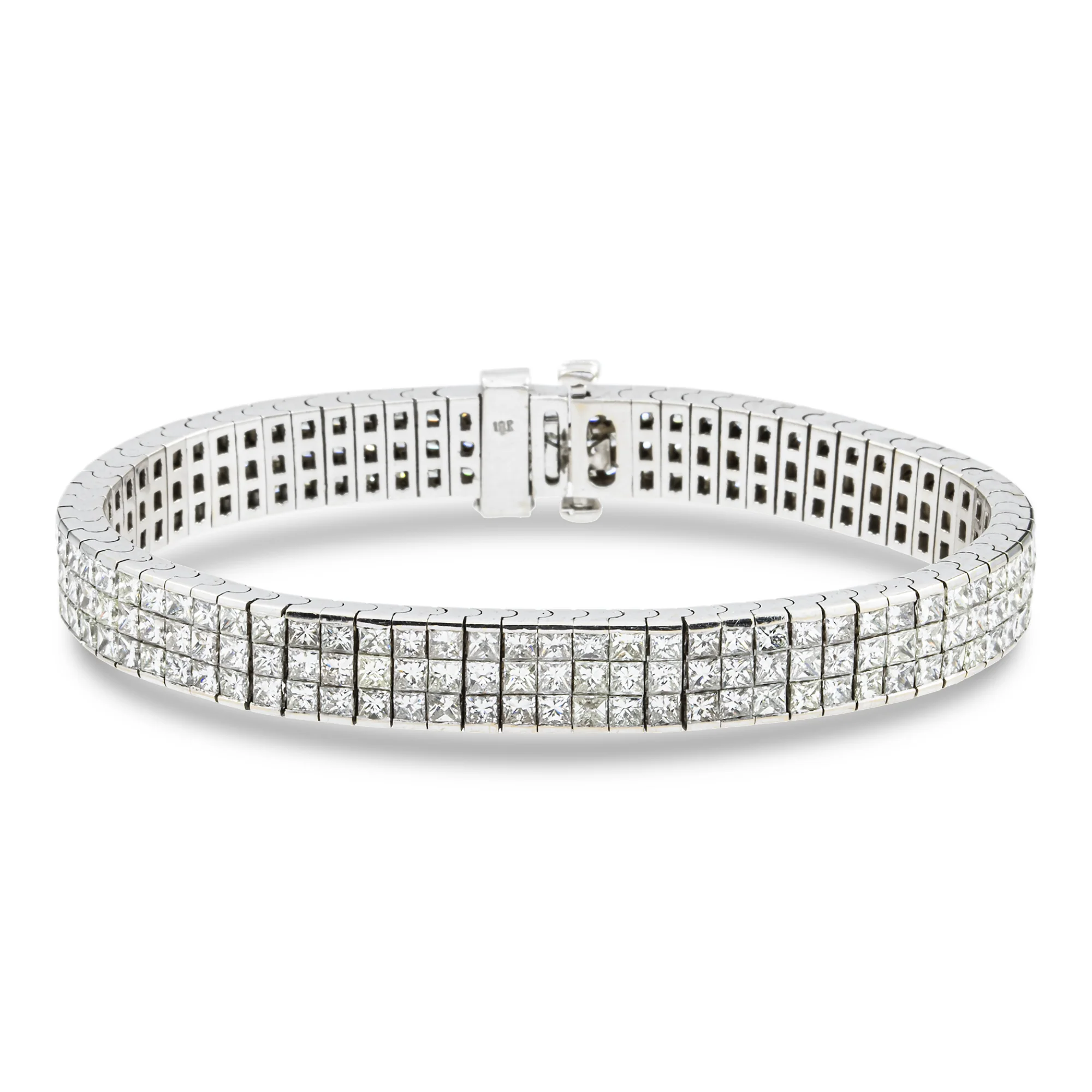 18K White Gold Triple Row Princess Cut Diamond Bracelet 16.57ct