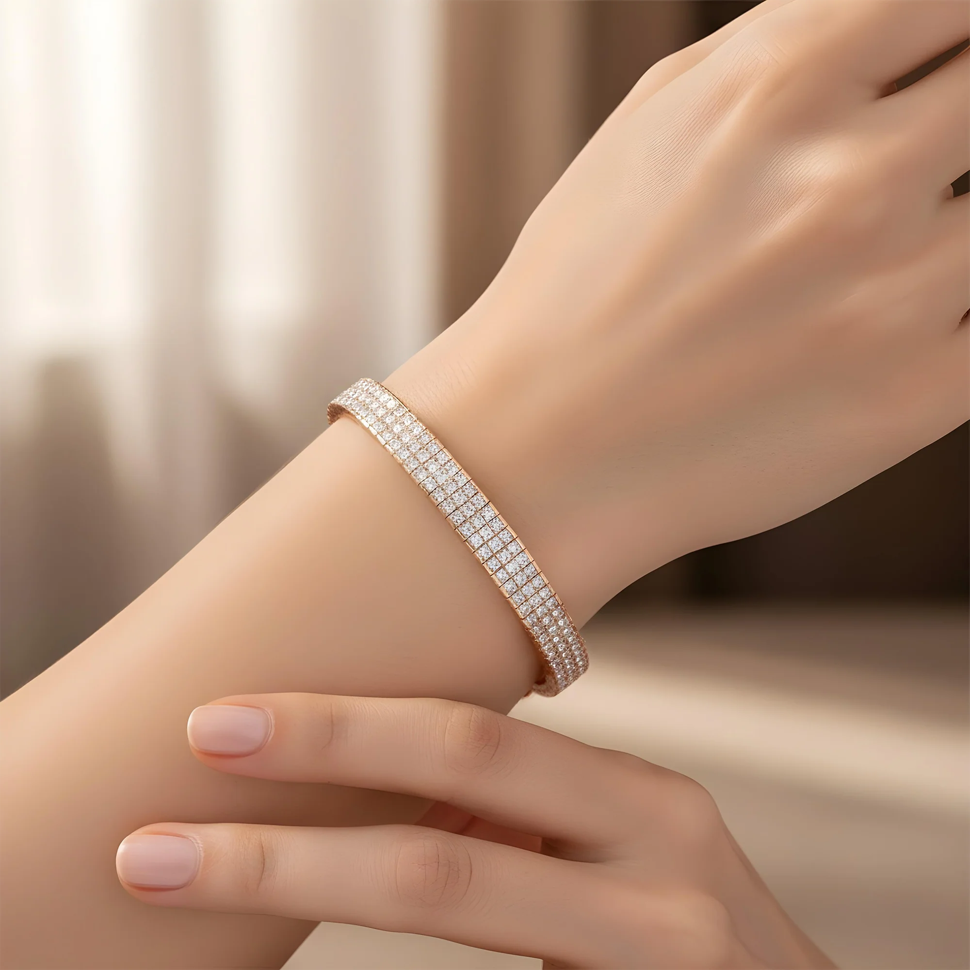 18K White Gold Triple Row Princess Cut Diamond Bracelet 16.57ct - Image 8