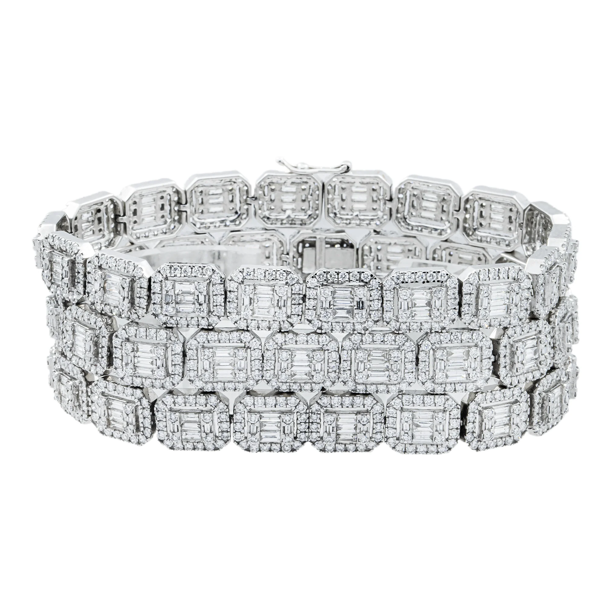 18K White Gold Triple Row Round & Baguette Cut Diamond Bracelet 17.44ct