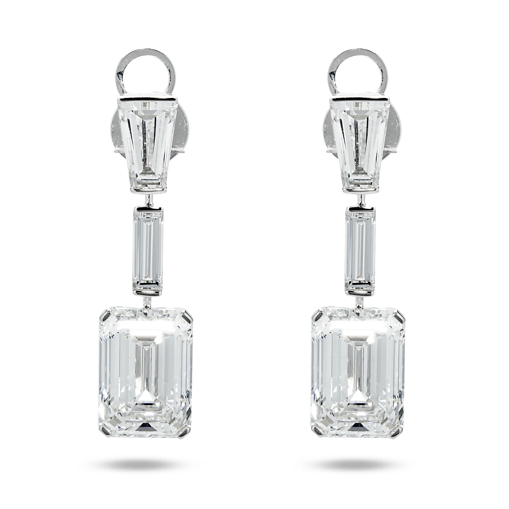 IGI 18K White Gold Triple Tier Emerald Cut Diamond Drop Earrings 19.36ctw