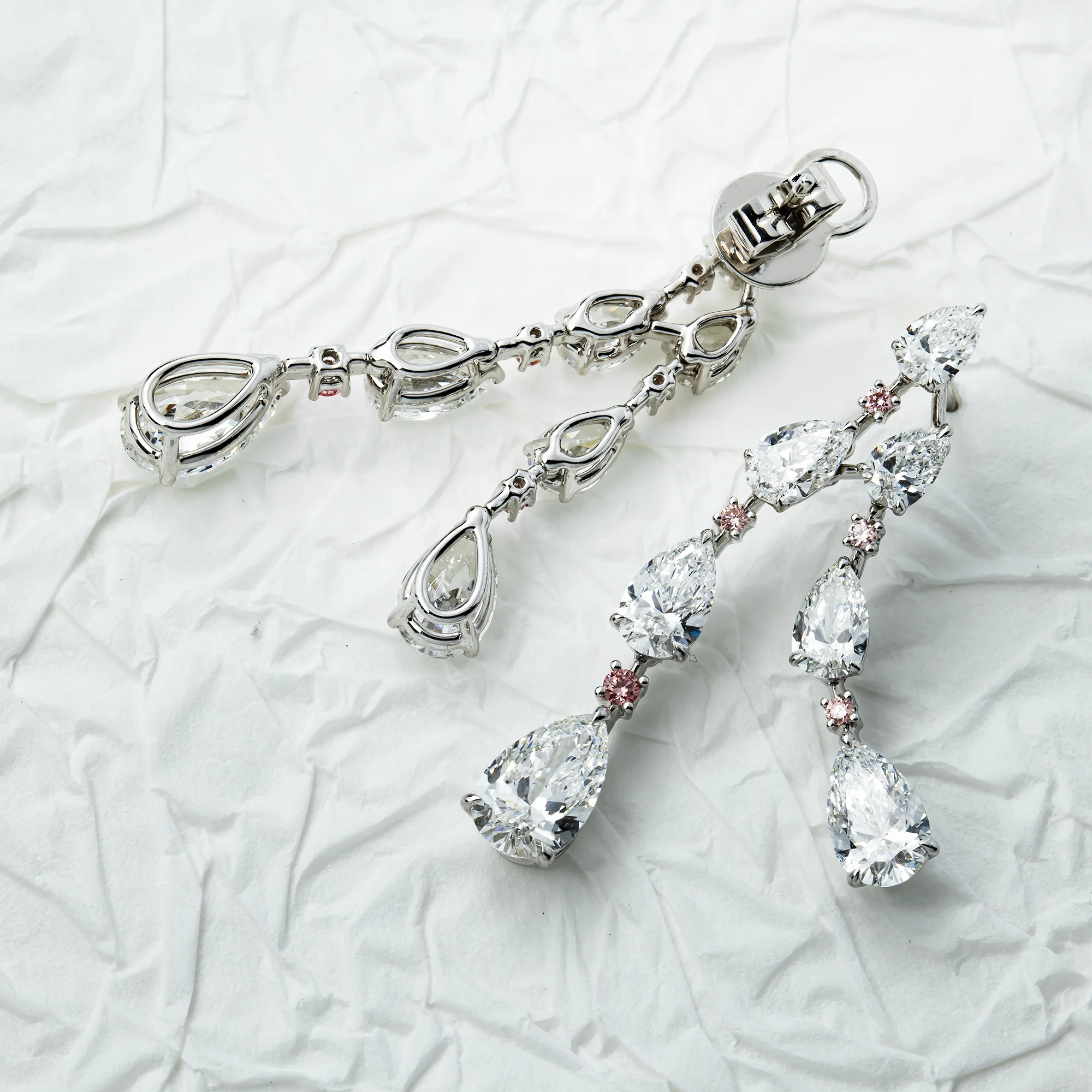 18K White Gold White & Pink Diamond Drop Earrings 7.18ctw - Image 3