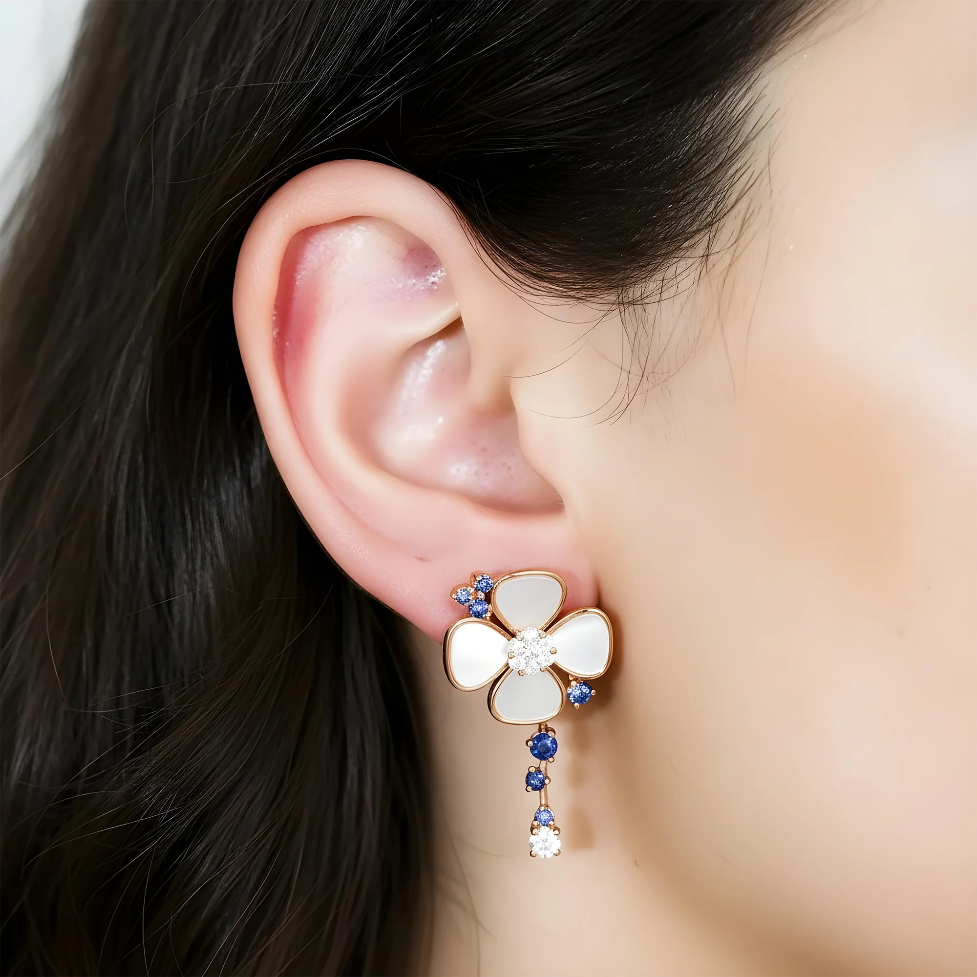 18K Yellow Gold Mother of Pearl/Blue Sapphire & Diamond Flower Drop Earrings 0.52ctw - Image 10