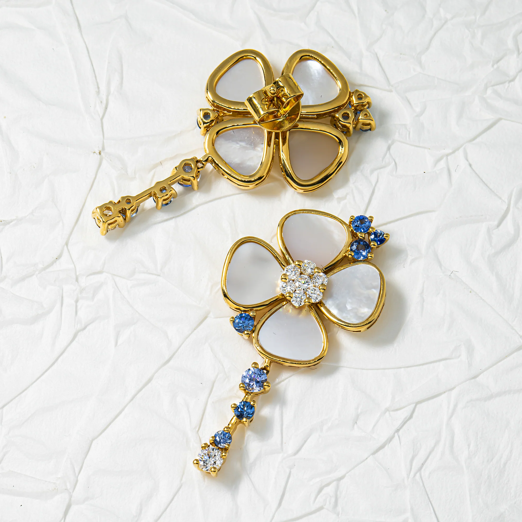 18K Yellow Gold Mother of Pearl/Blue Sapphire & Diamond Flower Drop Earrings 0.52ctw - Image 3