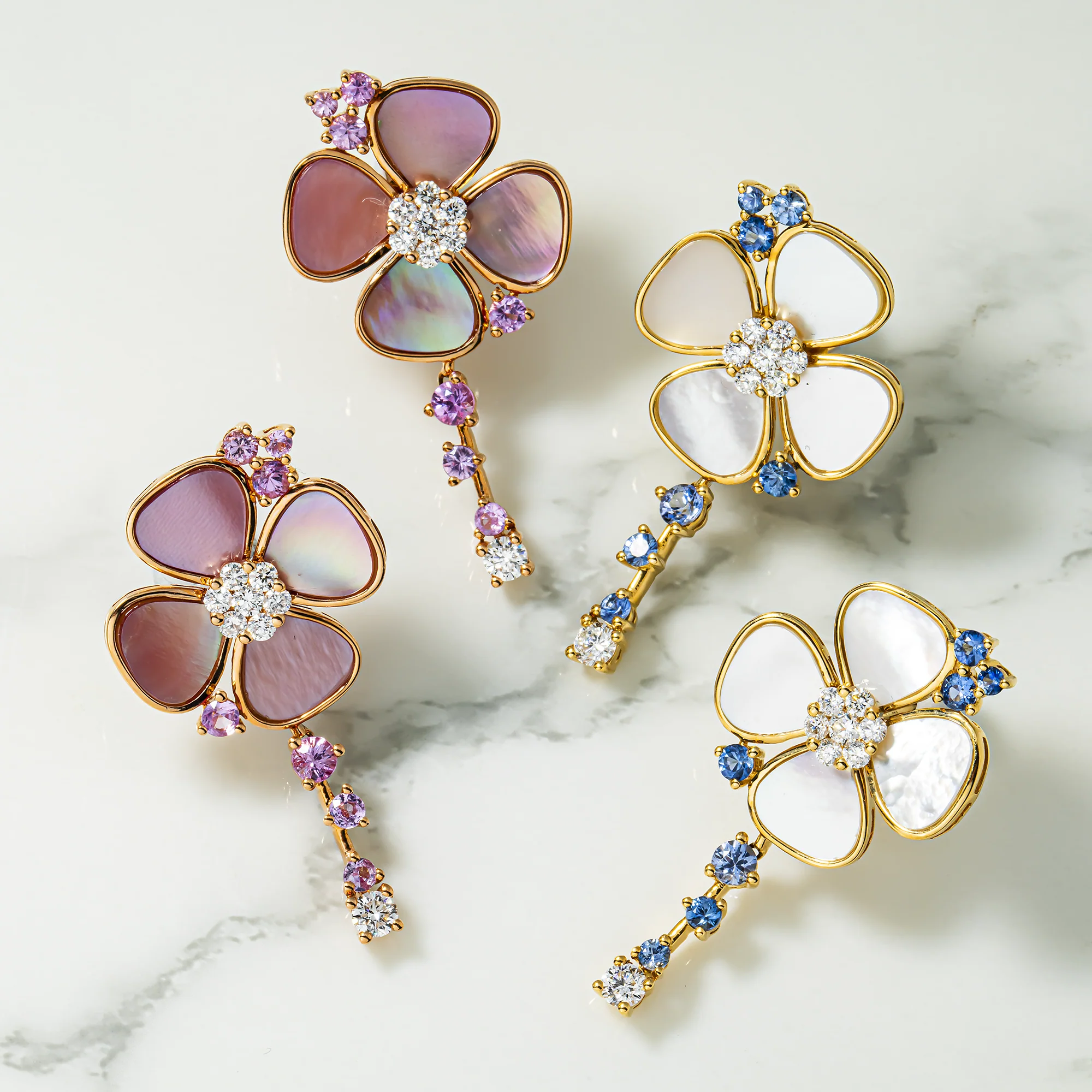18K Yellow Gold Mother of Pearl/Blue Sapphire & Diamond Flower Drop Earrings 0.52ctw - Image 4