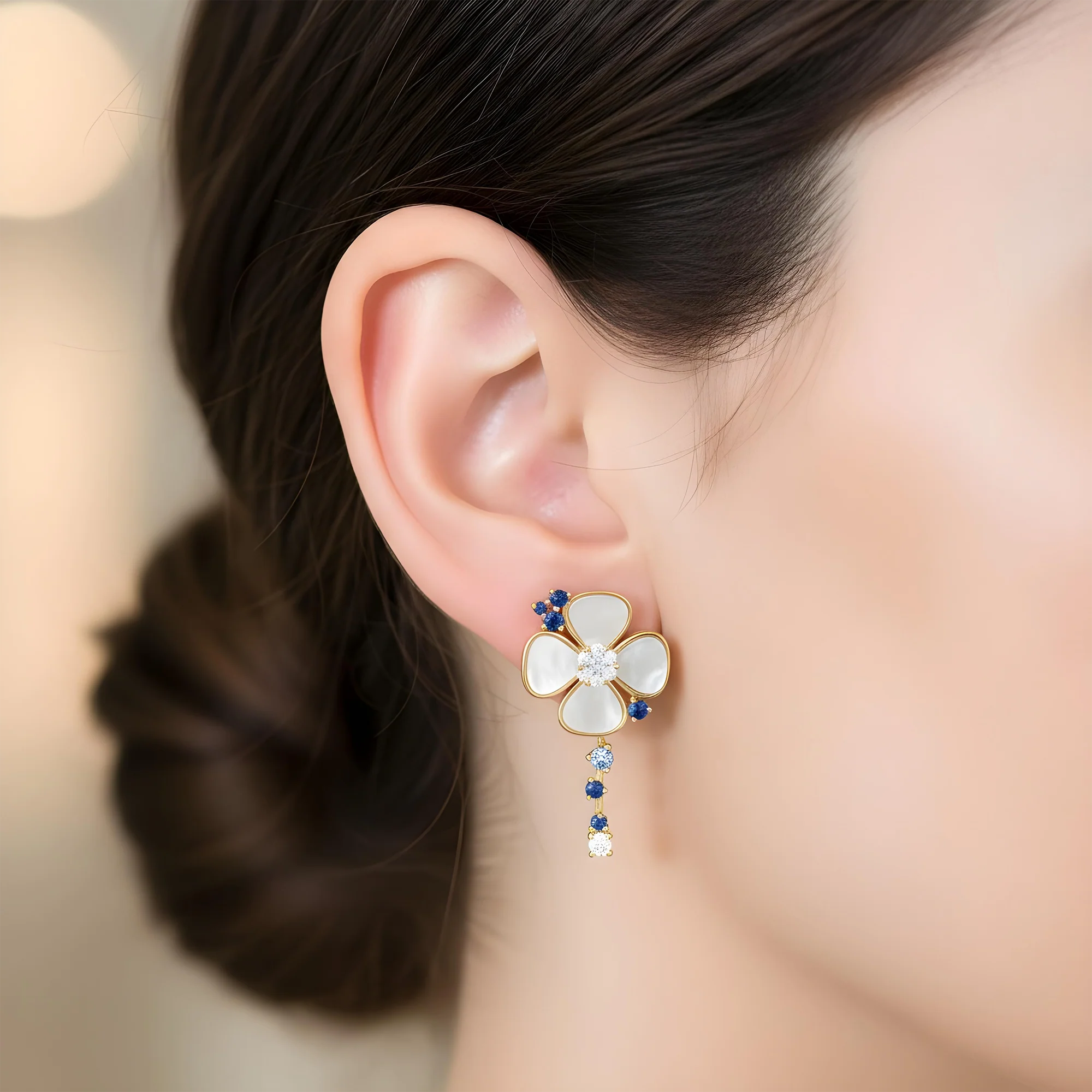 18K Yellow Gold Mother of Pearl/Blue Sapphire & Diamond Flower Drop Earrings 0.52ctw - Image 5
