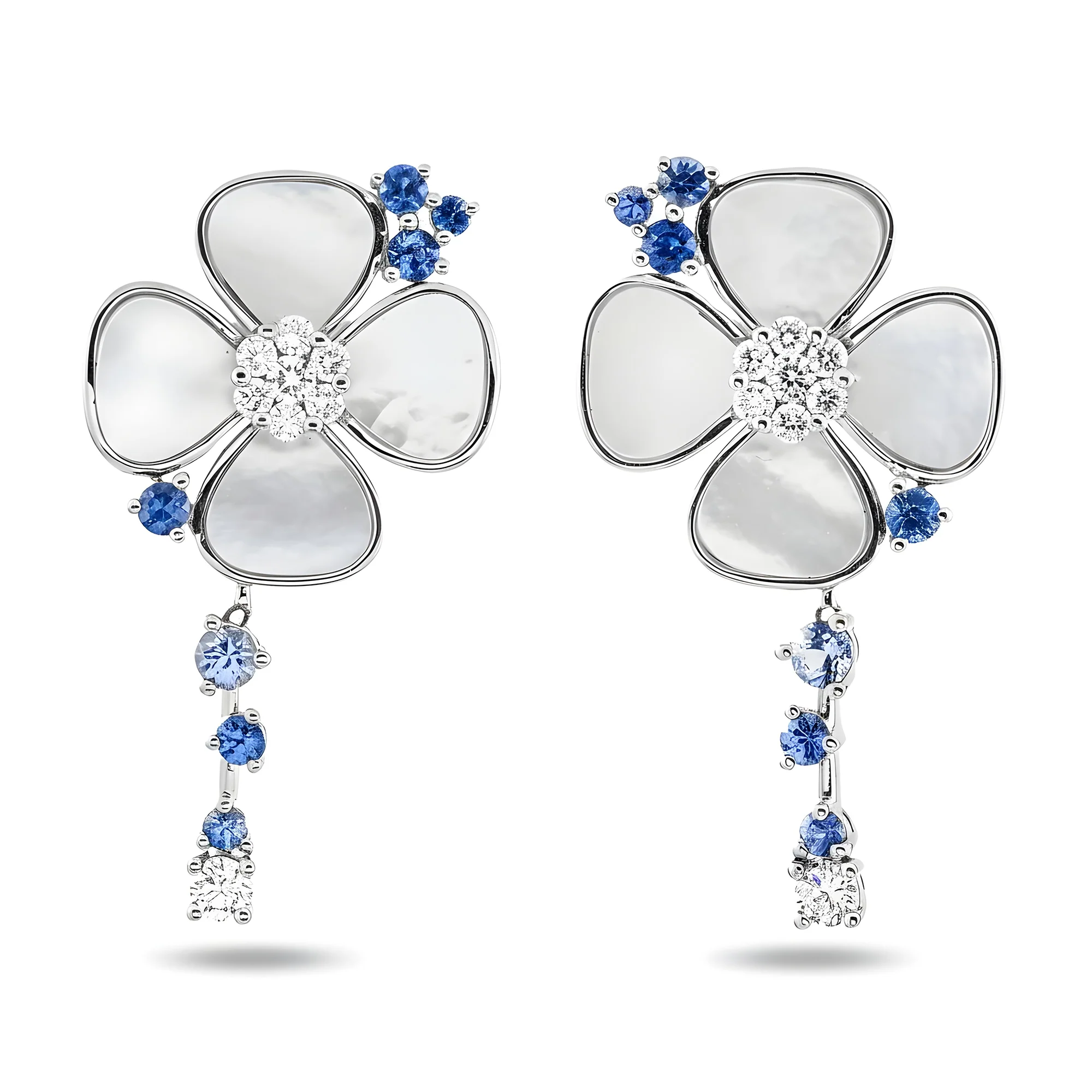 18K Yellow Gold Mother of Pearl/Blue Sapphire & Diamond Flower Drop Earrings 0.52ctw - Image 6