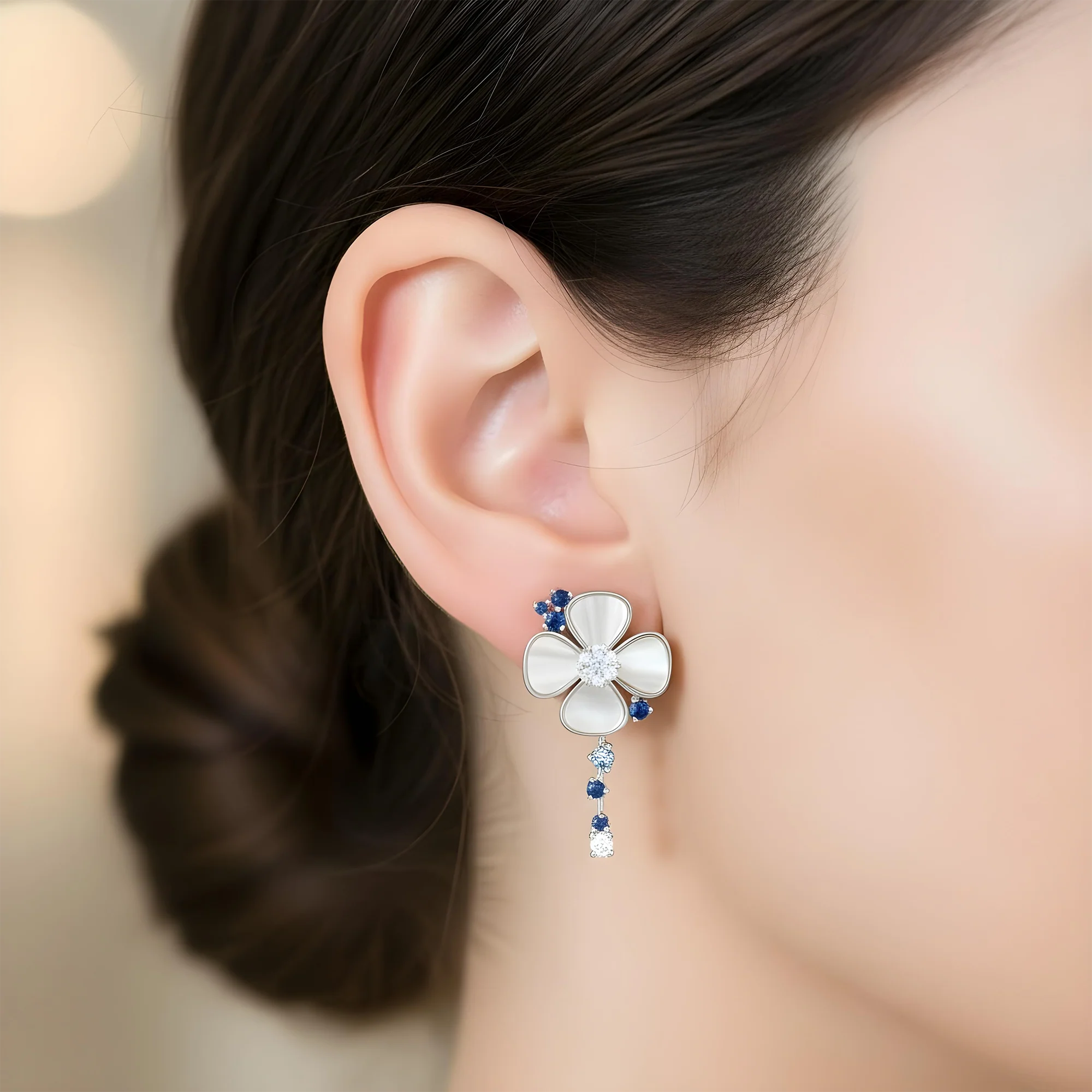 18K Yellow Gold Mother of Pearl/Blue Sapphire & Diamond Flower Drop Earrings 0.52ctw - Image 7