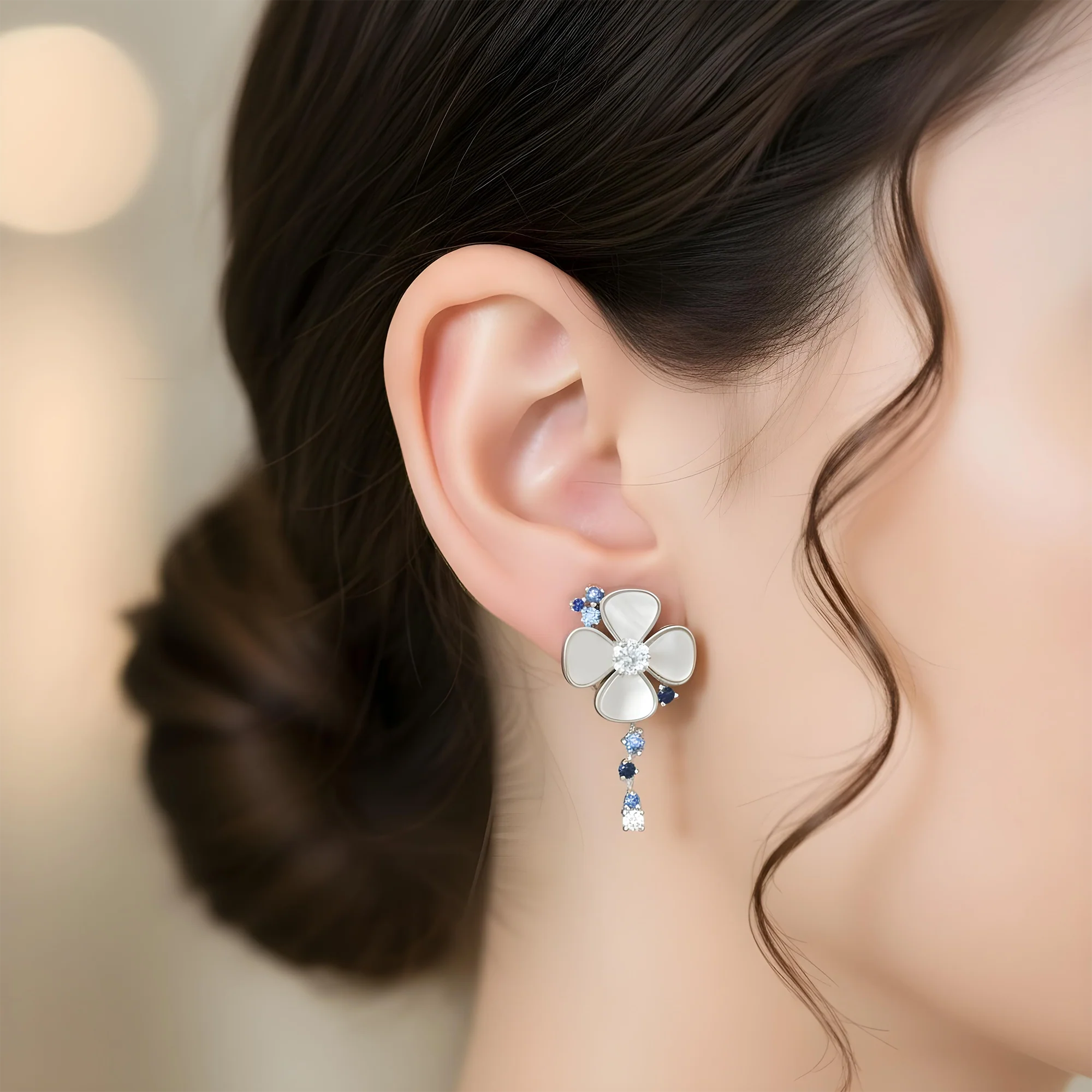 18K Yellow Gold Mother of Pearl/Blue Sapphire & Diamond Flower Drop Earrings 0.52ctw - Image 8
