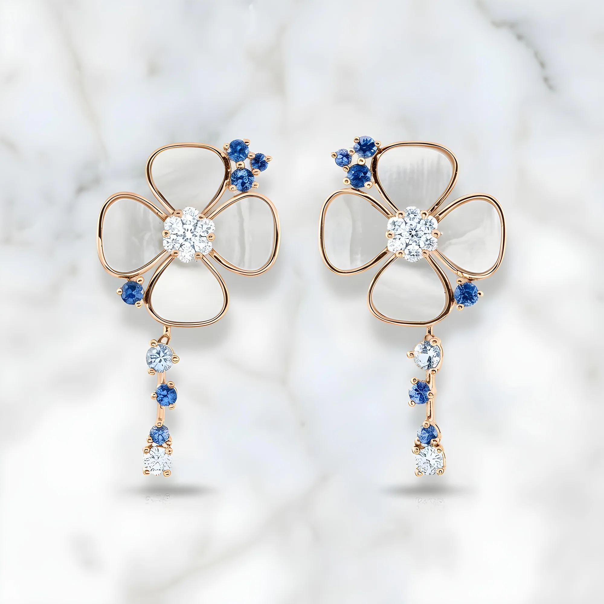 18K Yellow Gold Mother of Pearl/Blue Sapphire & Diamond Flower Drop Earrings 0.52ctw - Image 9
