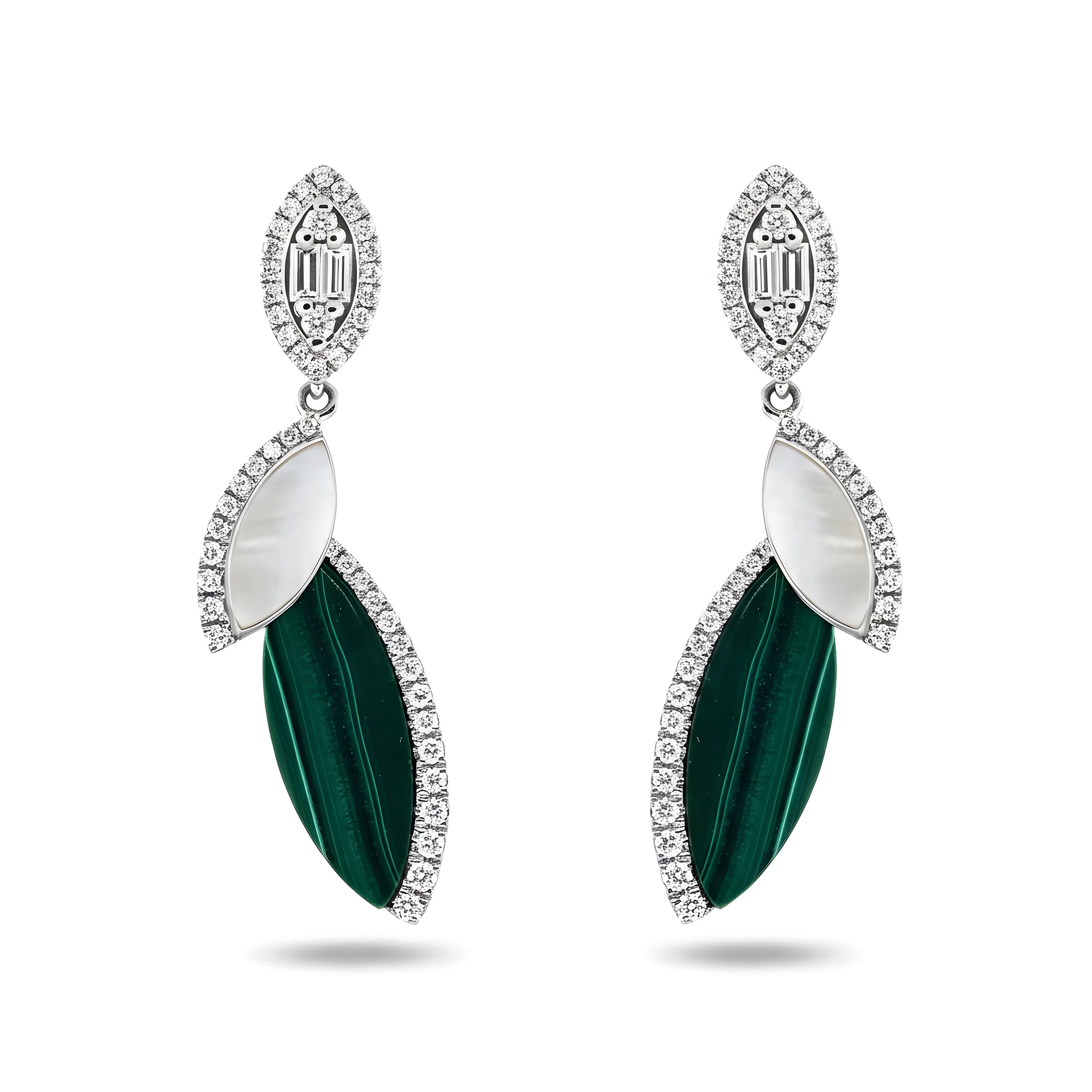 18K Yellow Gold Mother of Pearl/Malachite & Diamond Drop Earrings 0.45ctw - Image 4