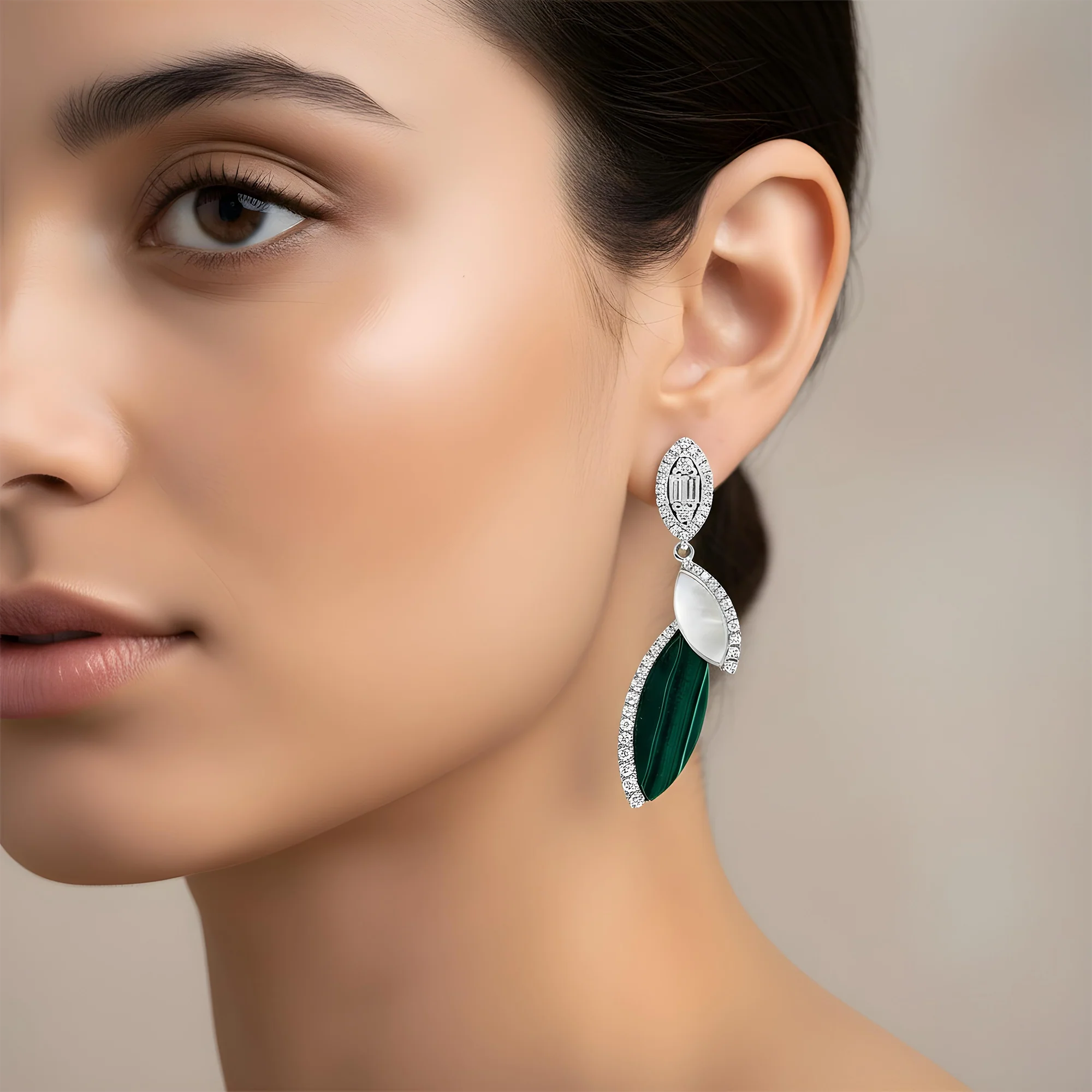 18K Yellow Gold Mother of Pearl/Malachite & Diamond Drop Earrings 0.45ctw - Image 6