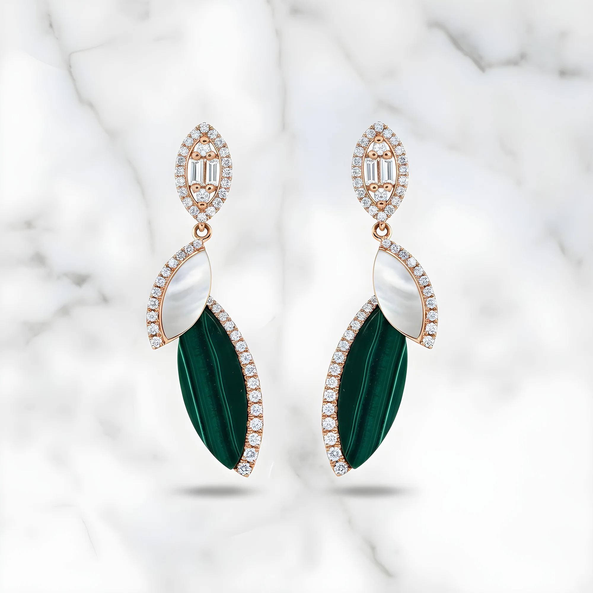 18K Yellow Gold Mother of Pearl/Malachite & Diamond Drop Earrings 0.45ctw - Image 7