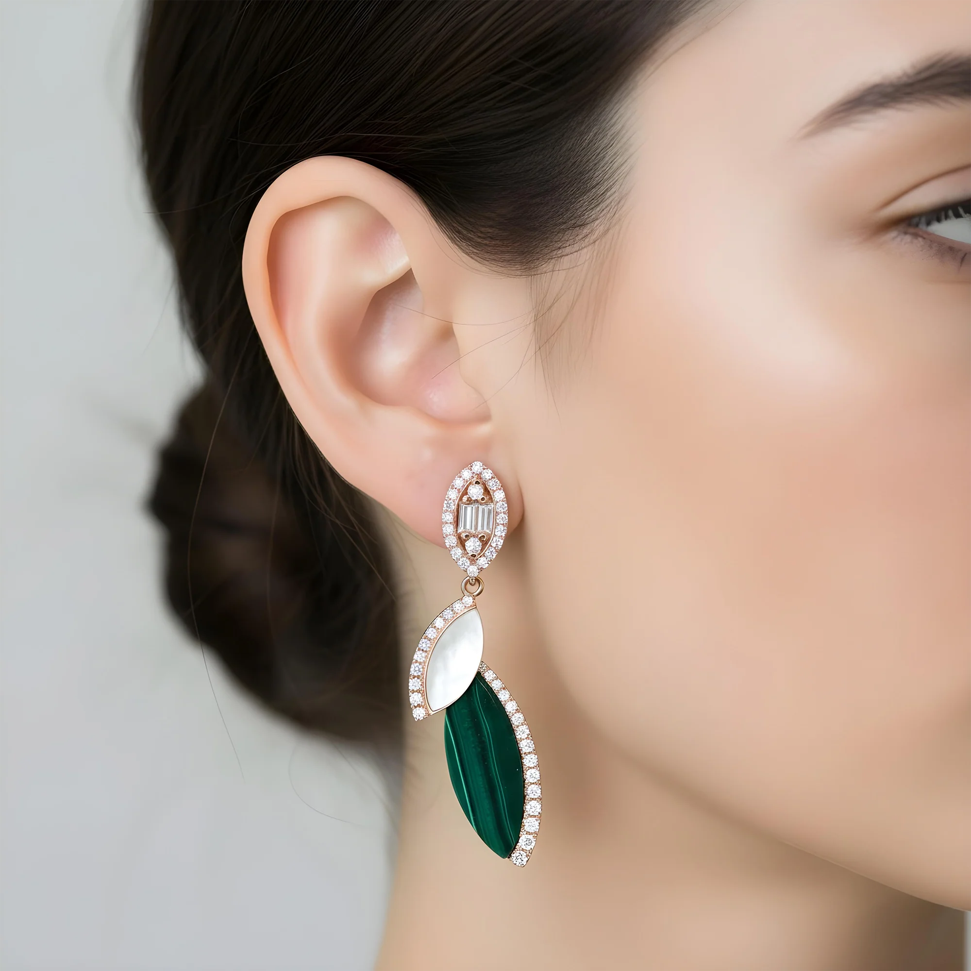 18K Yellow Gold Mother of Pearl/Malachite & Diamond Drop Earrings 0.45ctw - Image 8
