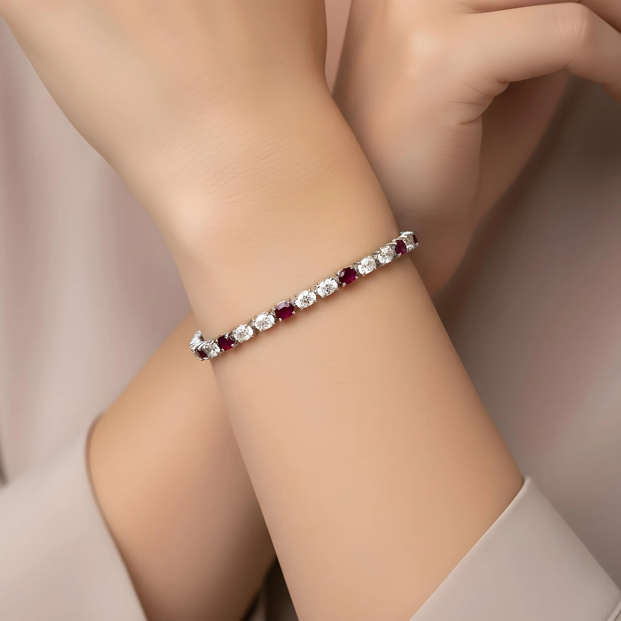 18K Yellow Gold Oval Cut Ruby & Diamond Tennis Bracelet - Image 5