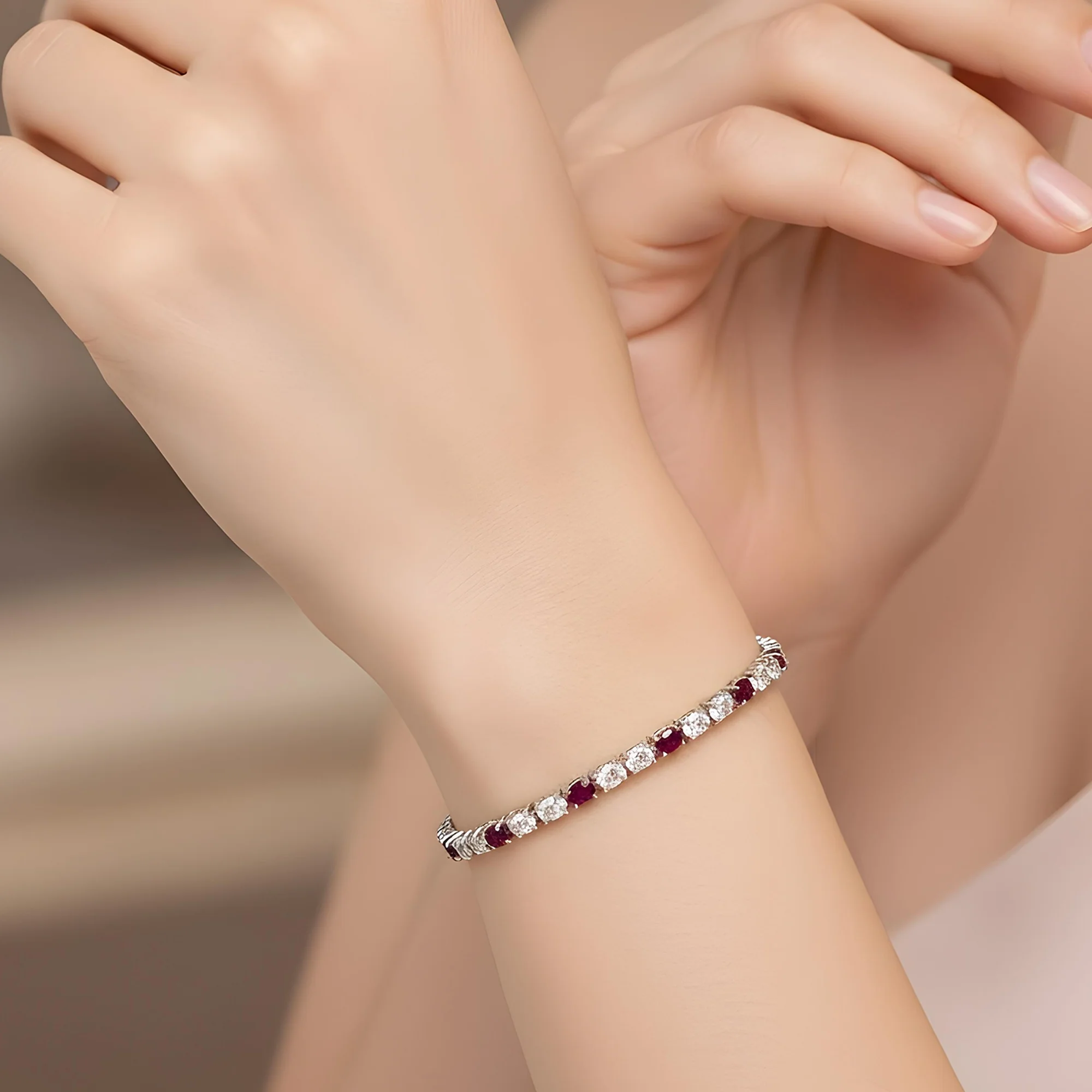 18K Yellow Gold Oval Cut Ruby & Diamond Tennis Bracelet - Image 6